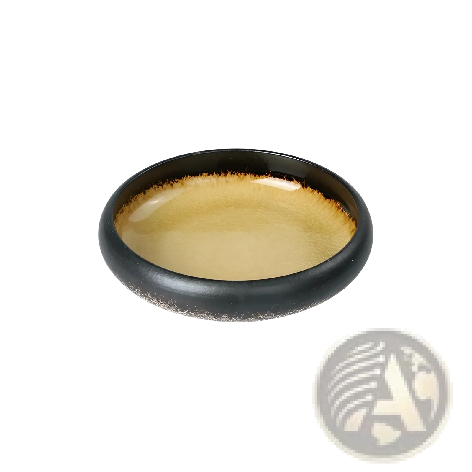 A sleek black ceramic bowl with glossy golden brown interior glaze and speckled texture made of bone china