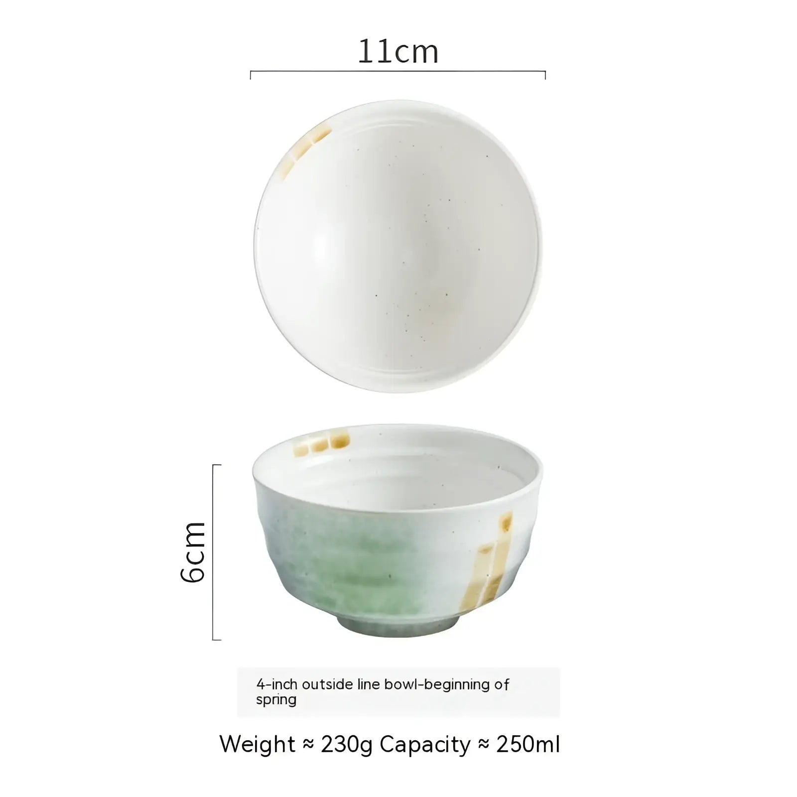 Ceramic bowl retro porcelain rice tableware with white interior and exterior, green glaze lower half, and gold rim accents