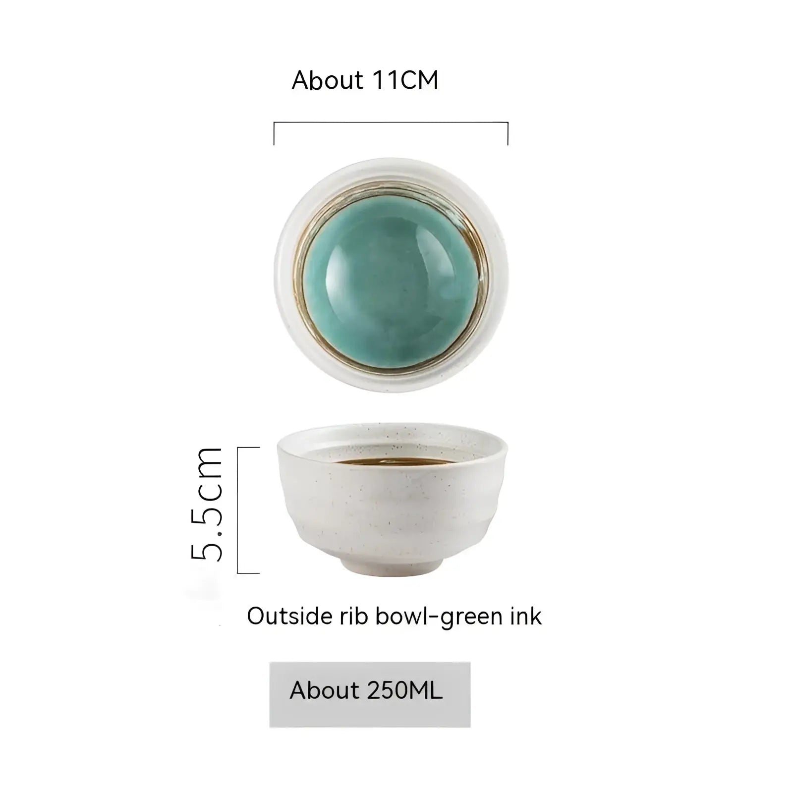 A ceramic bowl with a white speckled porcelain exterior and smooth teal-green interior for rice tableware