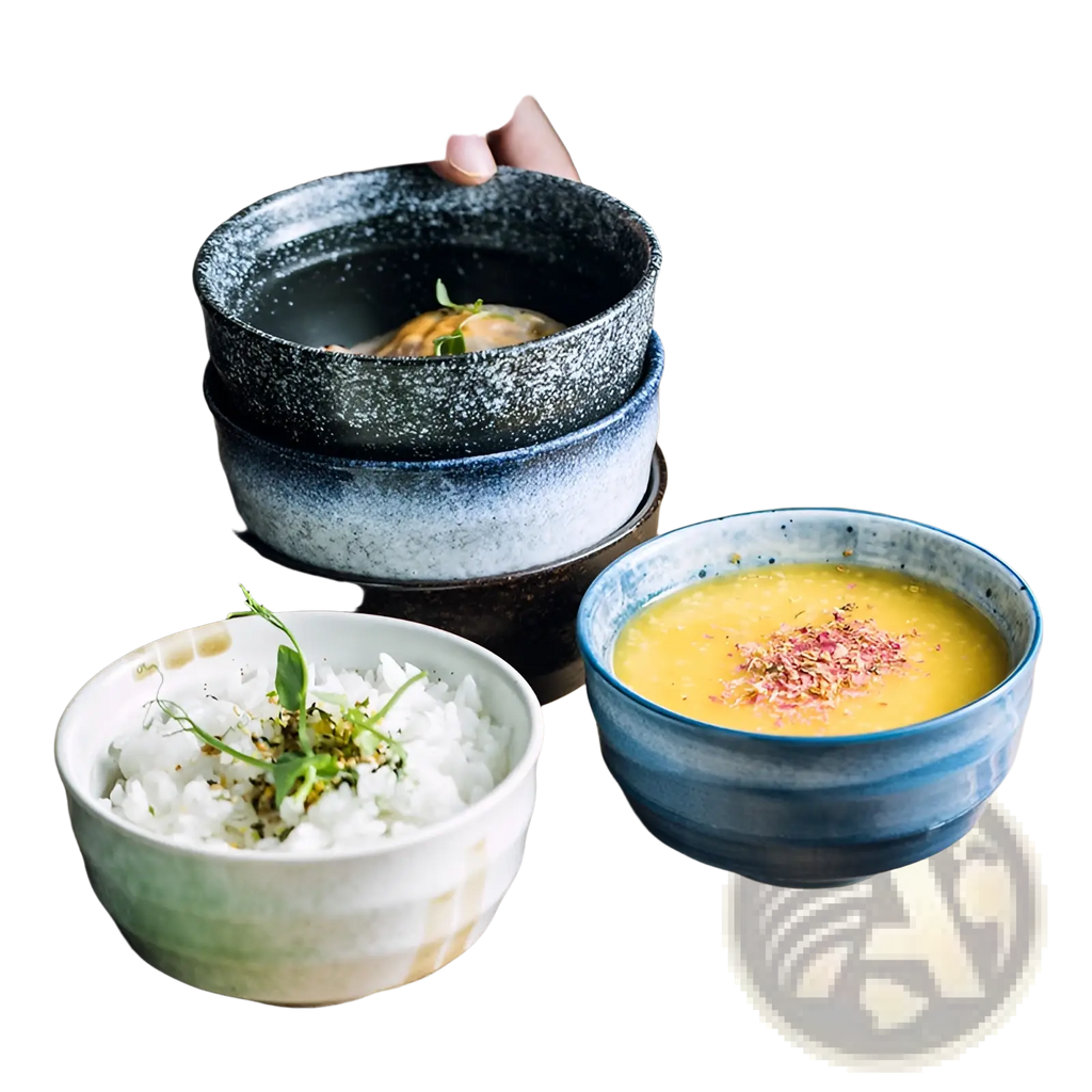 Stylish ceramic bowl retro porcelain rice tableware 4 inch in gradient blue and white with rice and herb garnish