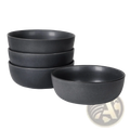 Set of four matte black ceramic bowls with a subtle textured finish for soup and salad, 27oz capacity each