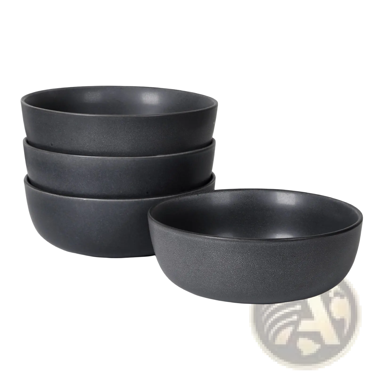 Set of four matte black ceramic bowls with a subtle textured finish for soup and salad, 27oz capacity each