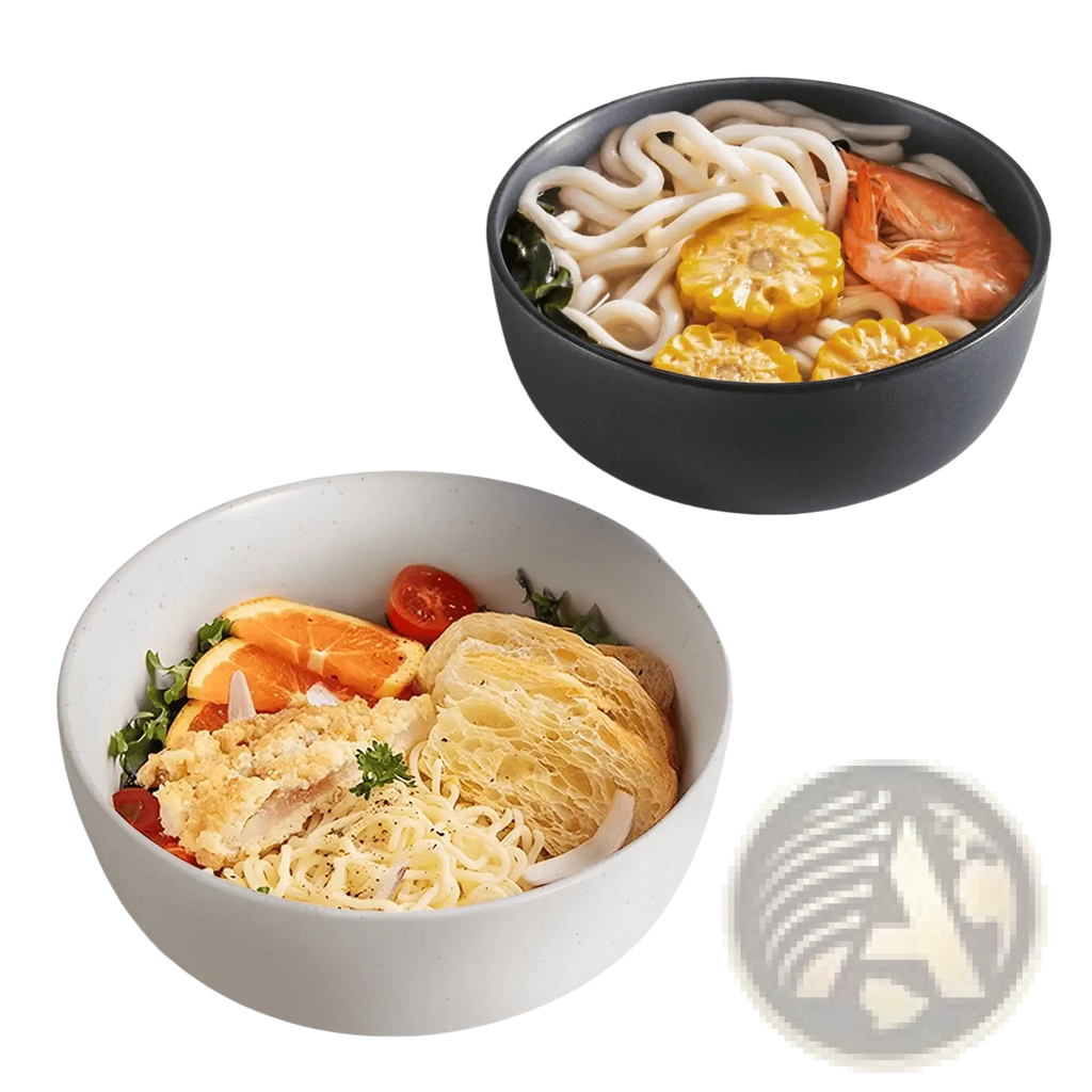 A matte black ceramic bowl with a 27oz capacity filled with udon noodles corn slices and a shrimp for soup or salad