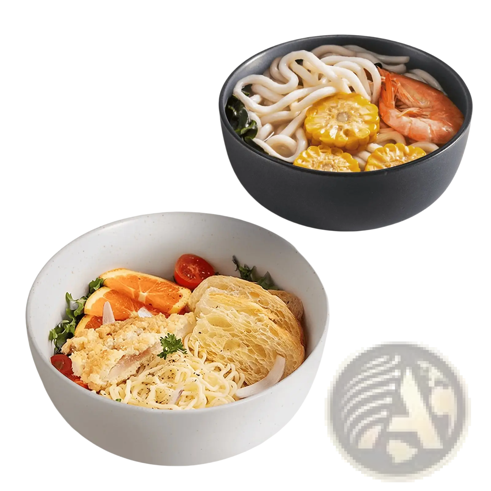 A matte black ceramic bowl with a 27oz capacity filled with udon noodles corn slices and a shrimp for soup or salad