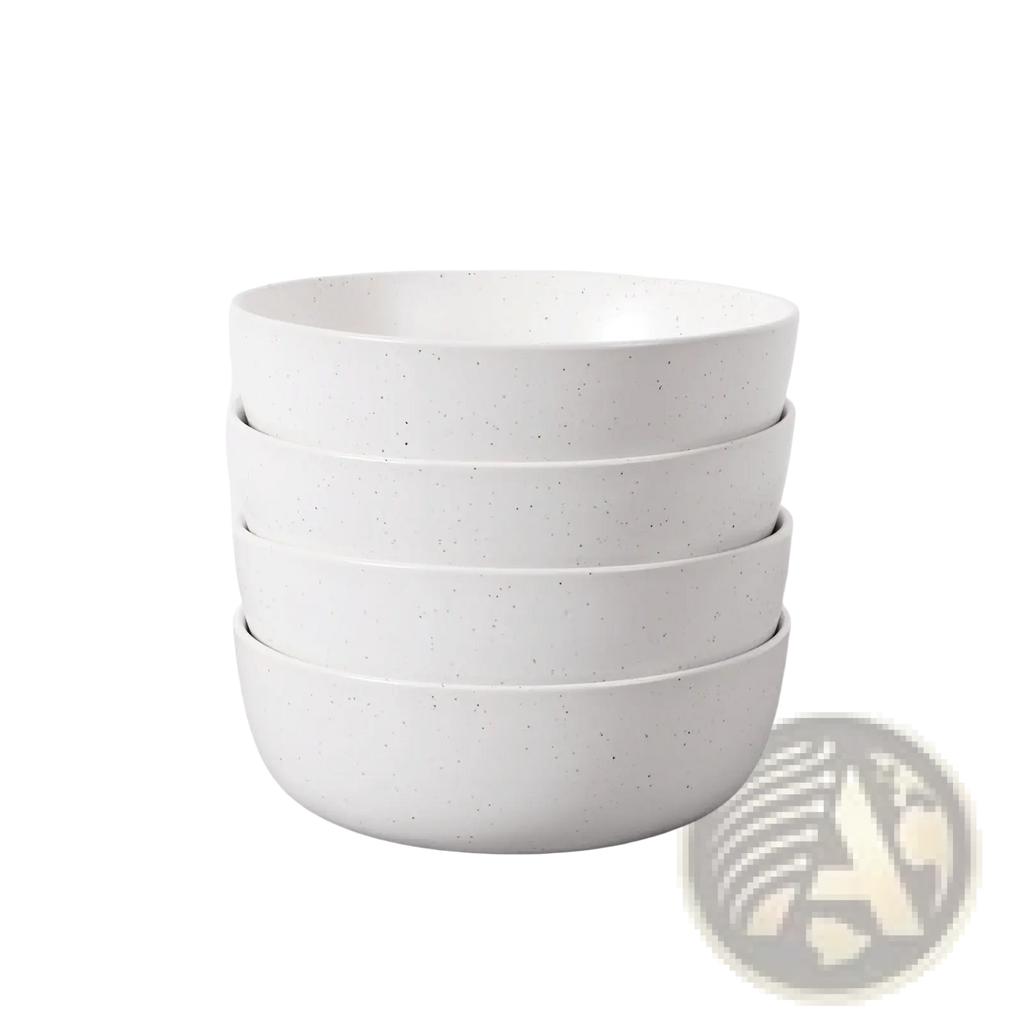 Stack of four white speckled ceramic salad bowls 27oz ideal for soup and salad serving