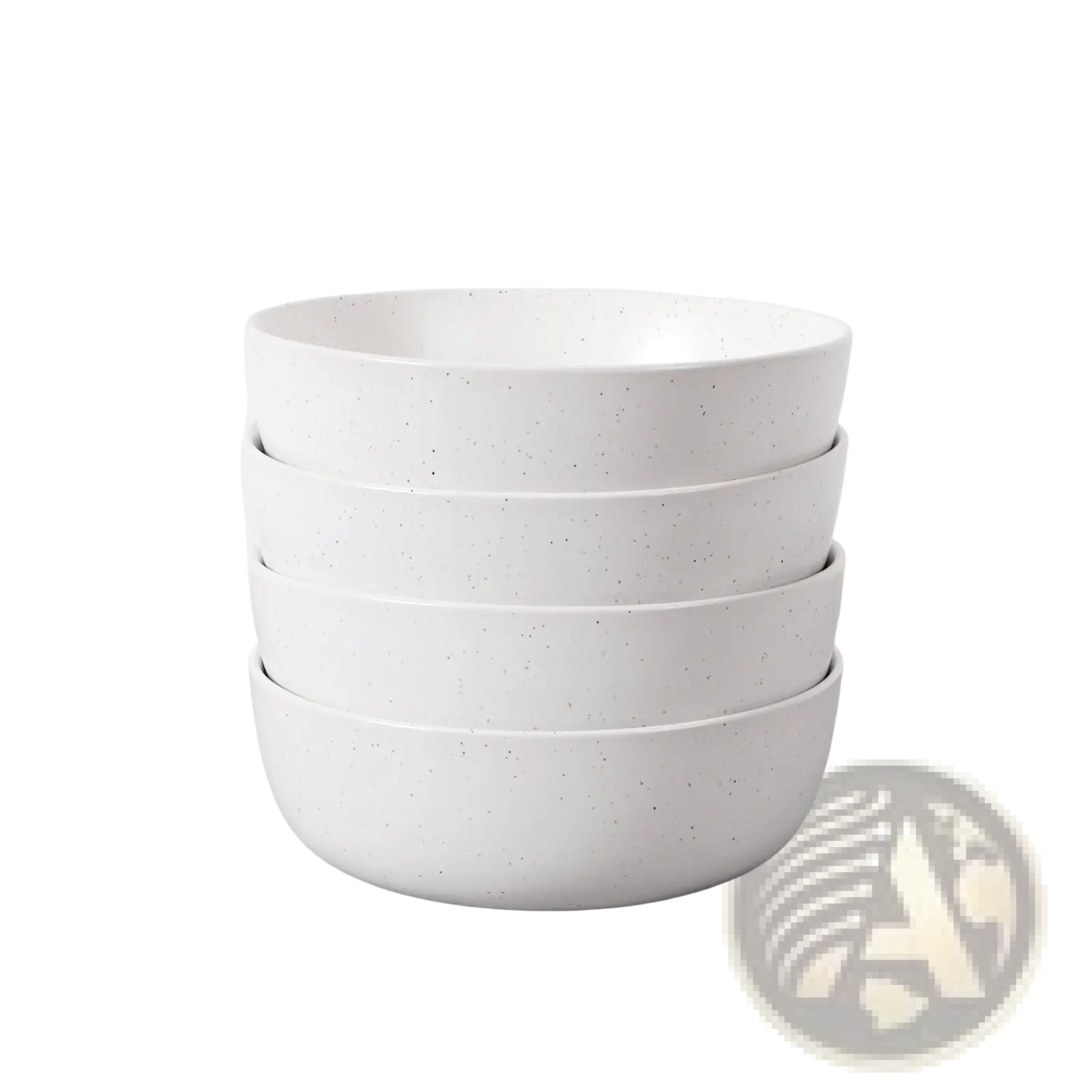 Stack of four white speckled ceramic salad bowls 27oz ideal for soup and salad serving