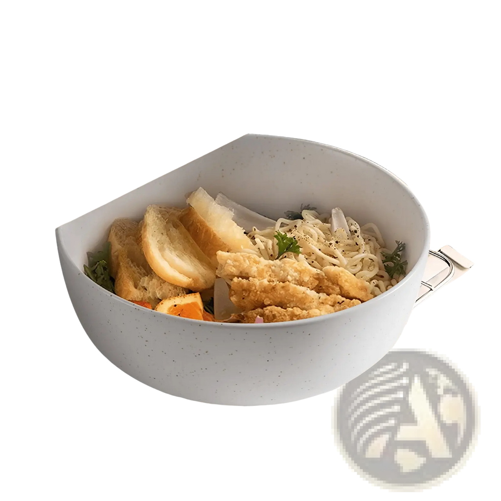 Light blue speckled ceramic oven-safe bowl 27oz filled with noodles bread slices and fried chicken for soup or salad