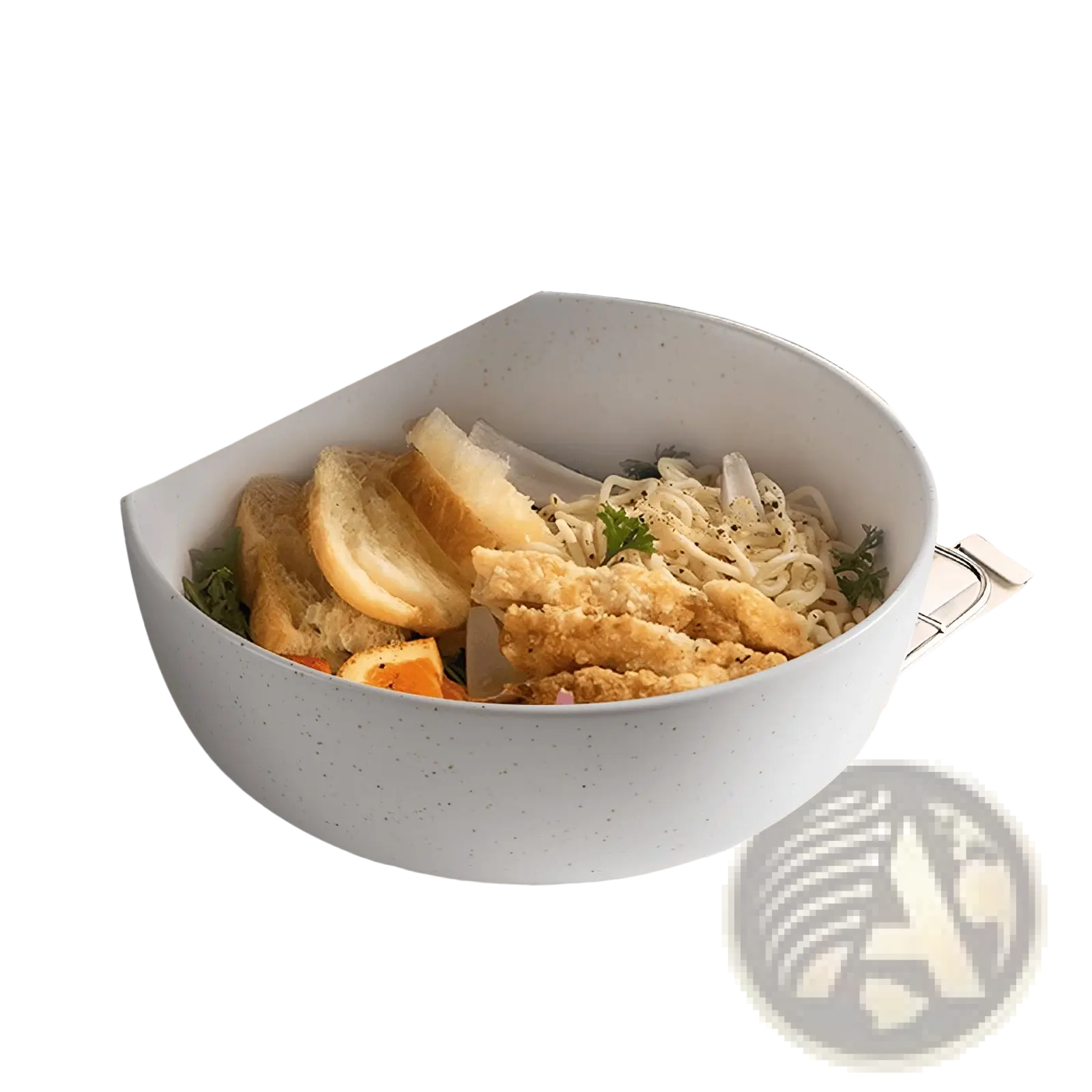 Light blue speckled ceramic oven-safe bowl 27oz filled with noodles bread slices and fried chicken for soup or salad