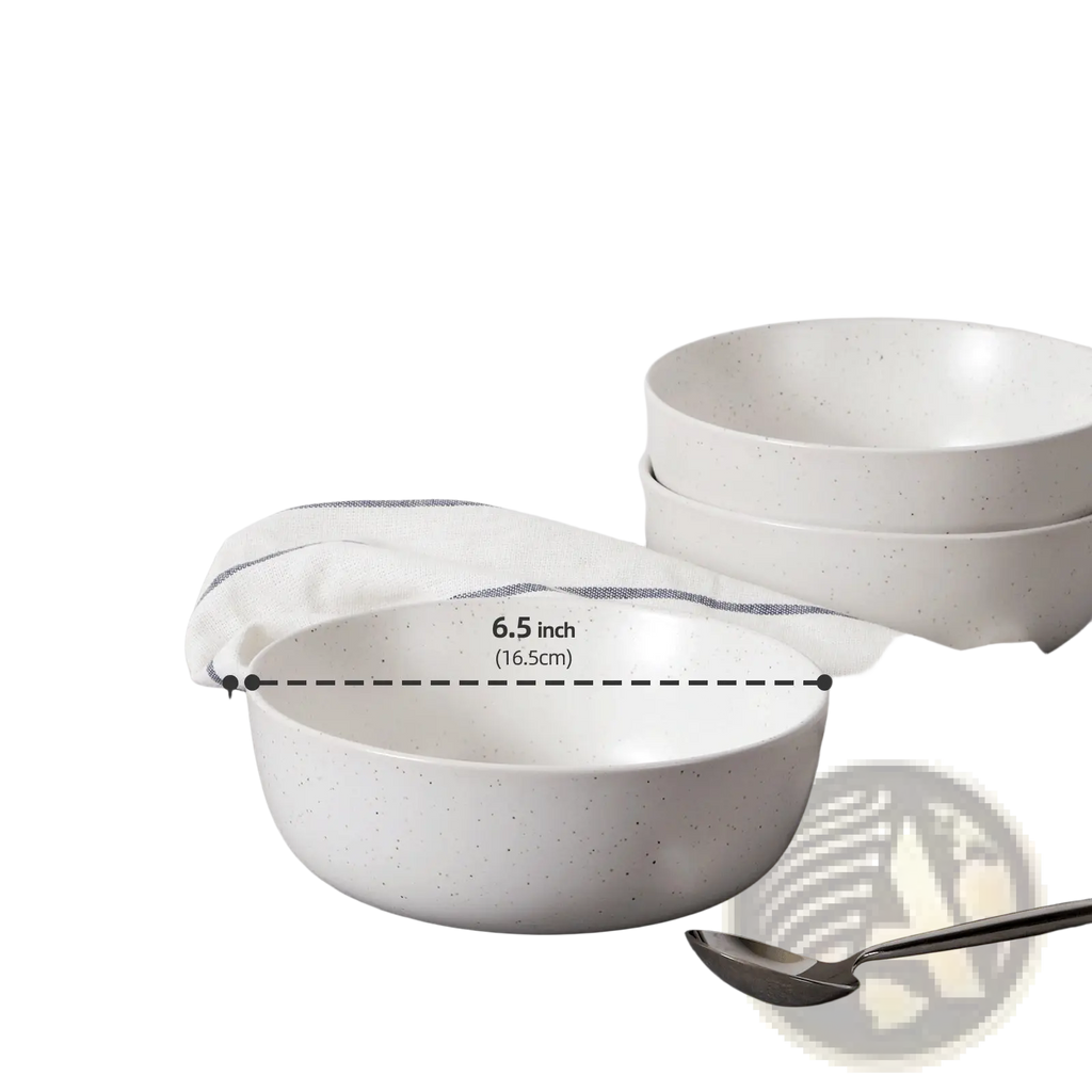 Set of four white speckled ceramic bowls 27oz capacity ideal for soup and salad use