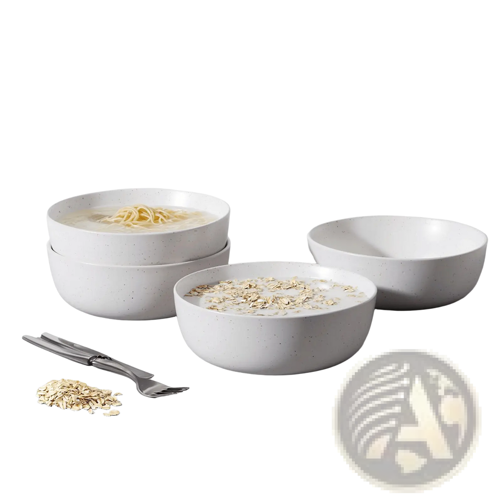 Set of three white ceramic soup bowls with a speckled texture and modern design, 27oz capacity