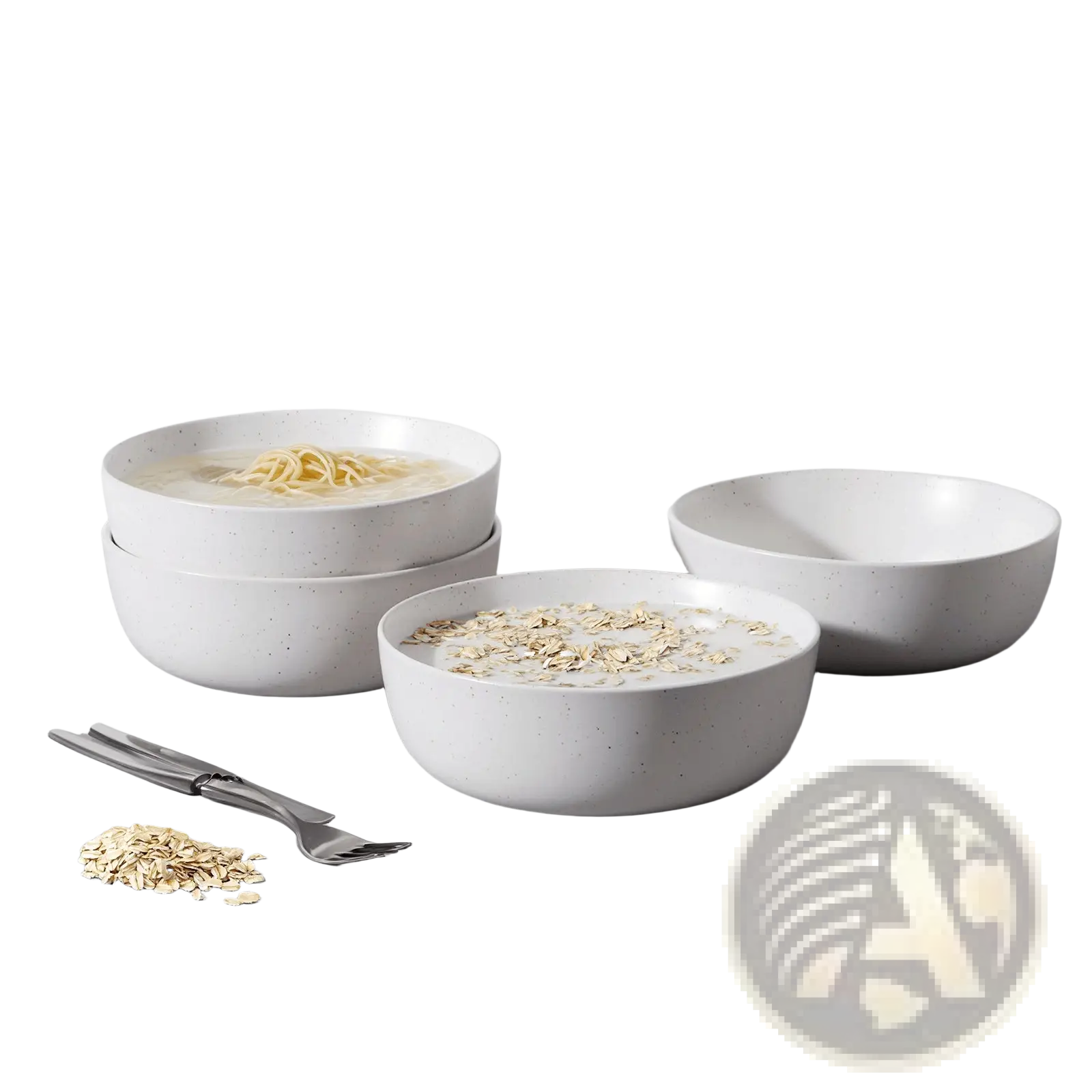 Set of three white ceramic soup bowls with a speckled texture and modern design, 27oz capacity