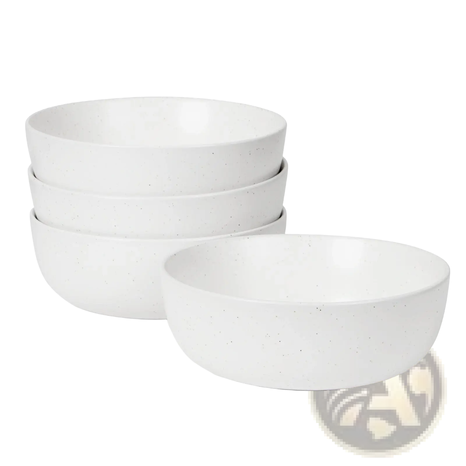 Set of four white ceramic bowls with subtle speckled texture ideal for soup and salad 27oz capacity