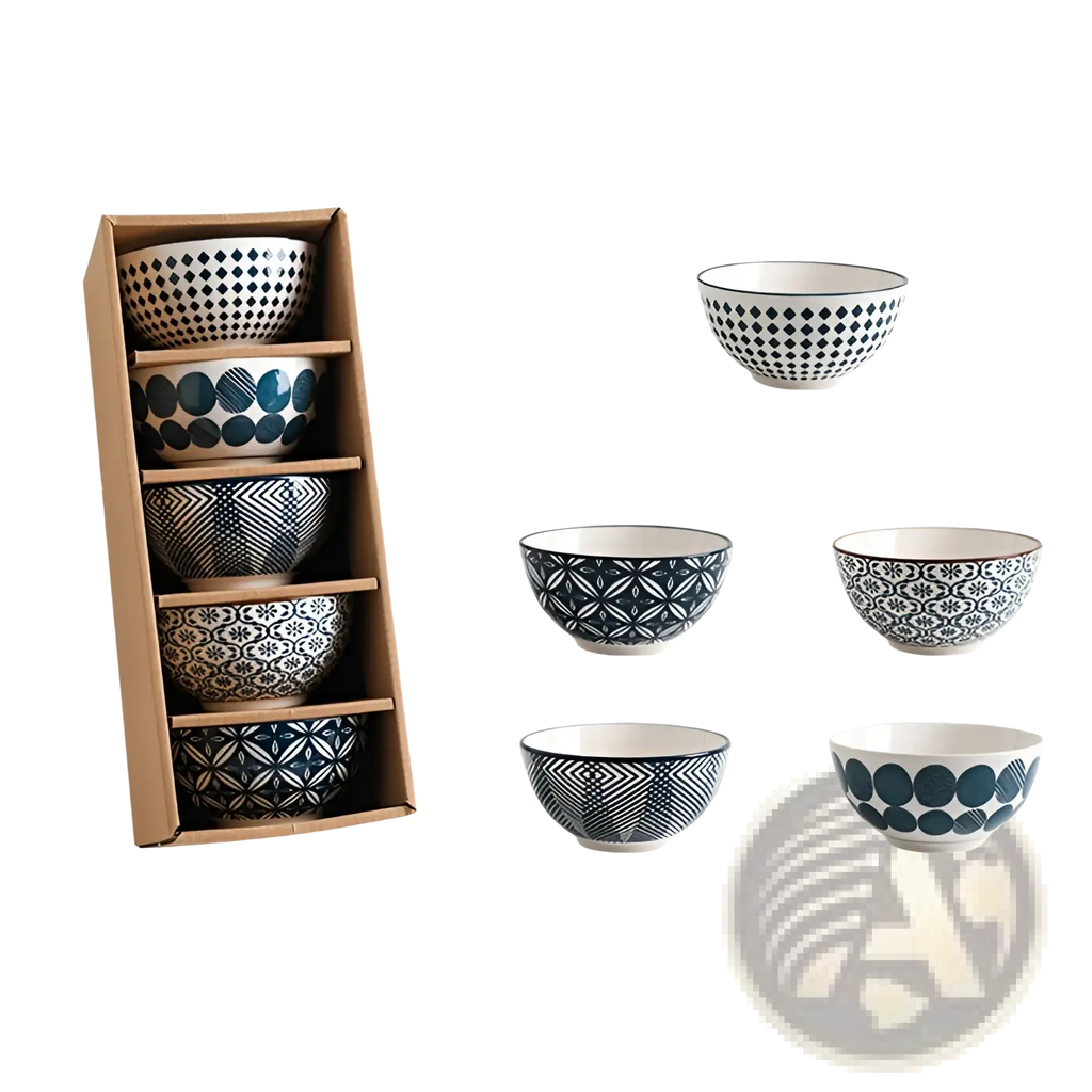 Set of five black and white Japanese floral porcelain ceramic bowls with distinct geometric patterns including diamonds and circles