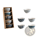 Set of five black and white Japanese floral porcelain ceramic bowls with distinct geometric patterns including diamonds and circles