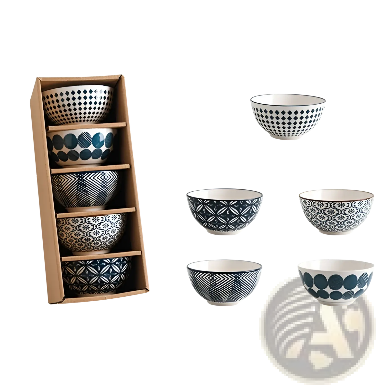 Set of five black and white Japanese floral porcelain ceramic bowls with distinct geometric patterns including diamonds and circles