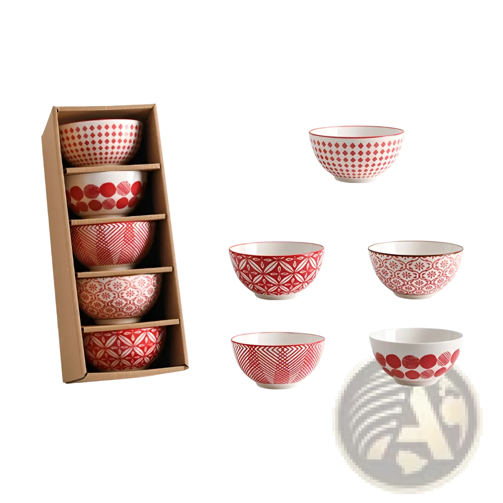 Set of five red and white patterned ceramic bowls in a cardboard display box ceramic bowl set 5 piece Japanese floral porcelain