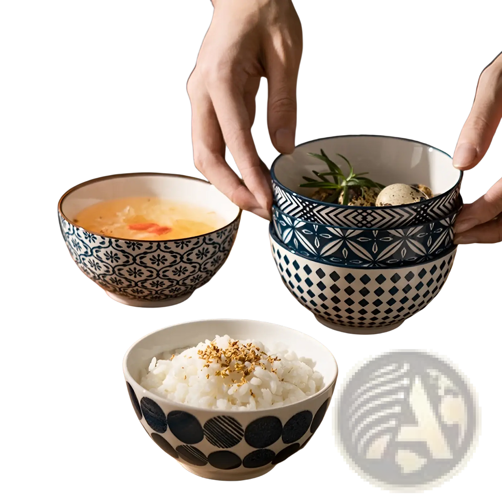 Three ceramic bowls with white interiors and blue geometric and floral porcelain patterns in a 5-piece set
