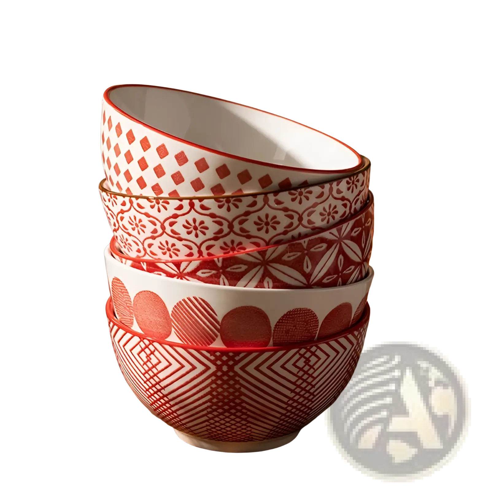 Stack of four red and white ceramic bowls with intricate geometric and floral patterns from a japanese porcelain set