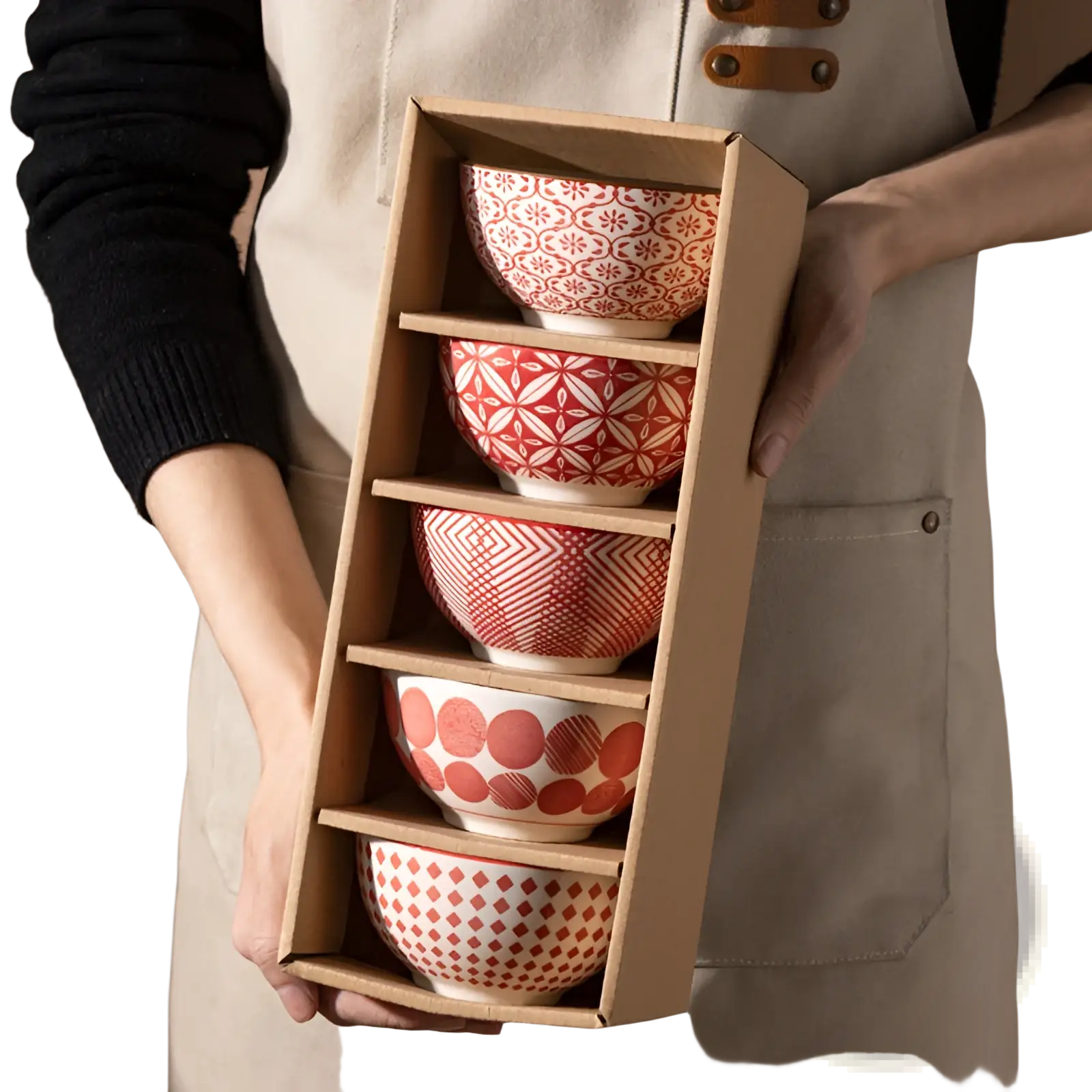 Set of five red and white patterned ceramic bowls in a wooden box ceramic bowl set 5 piece japanese floral porcelain