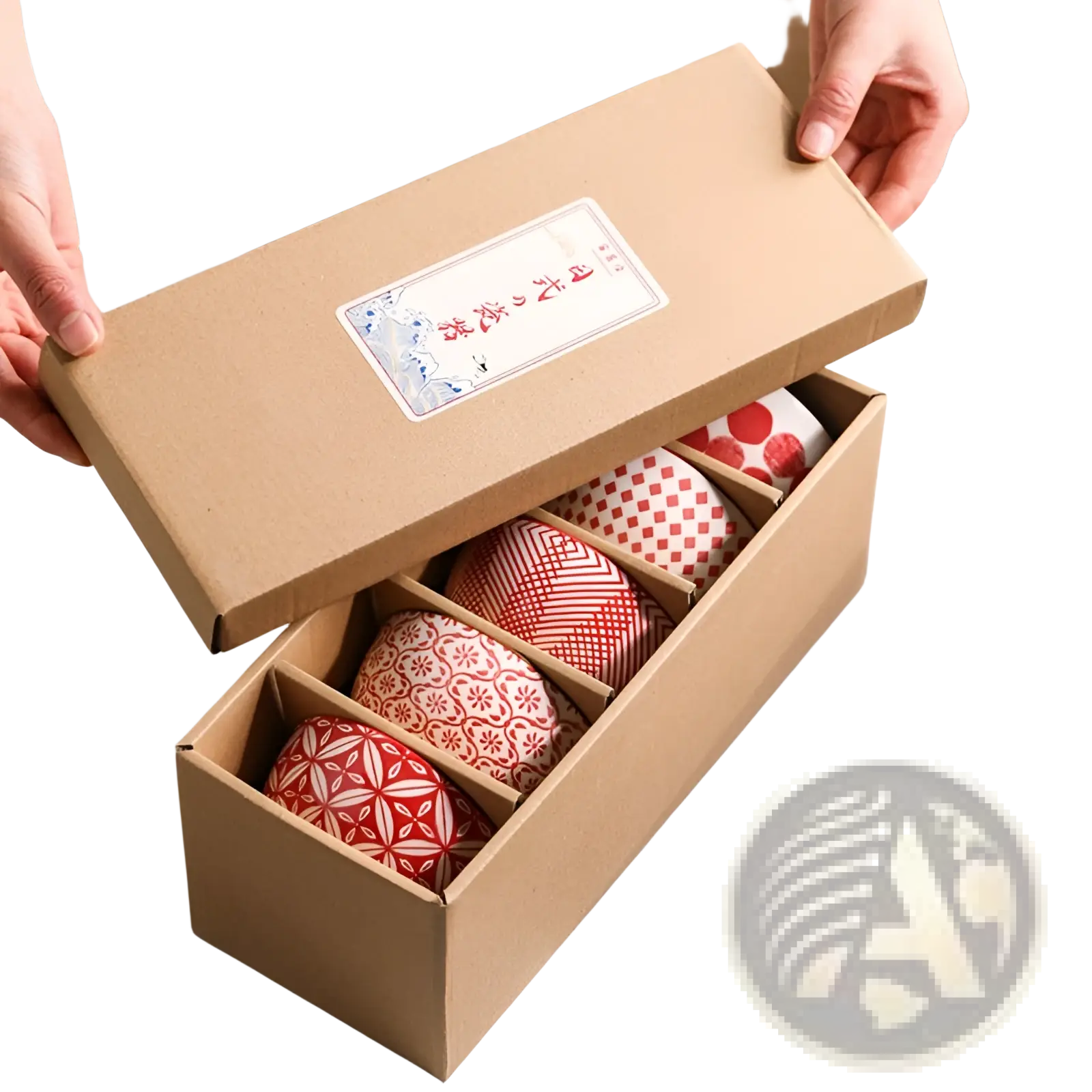 A set of red and white patterned ceramic tea bowls made of porcelain in a brown cardboard gift box
