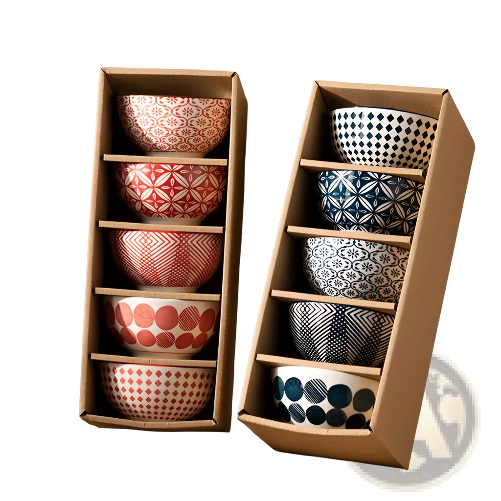 Set of six ceramic bowls in matching boxes with intricate red white black and blue geometric and floral patterns porcelain