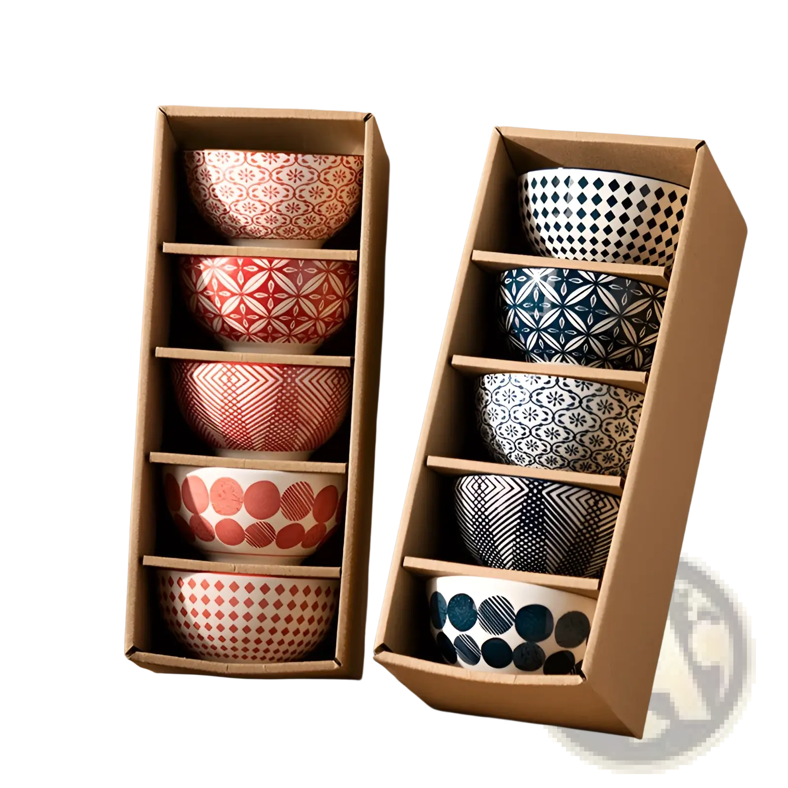 Set of six ceramic bowls in matching boxes with intricate red white black and blue geometric and floral patterns porcelain