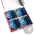 Set of four blue porcelain ceramic bowls with geometric pattern and gold metallic rims in a pink gift box