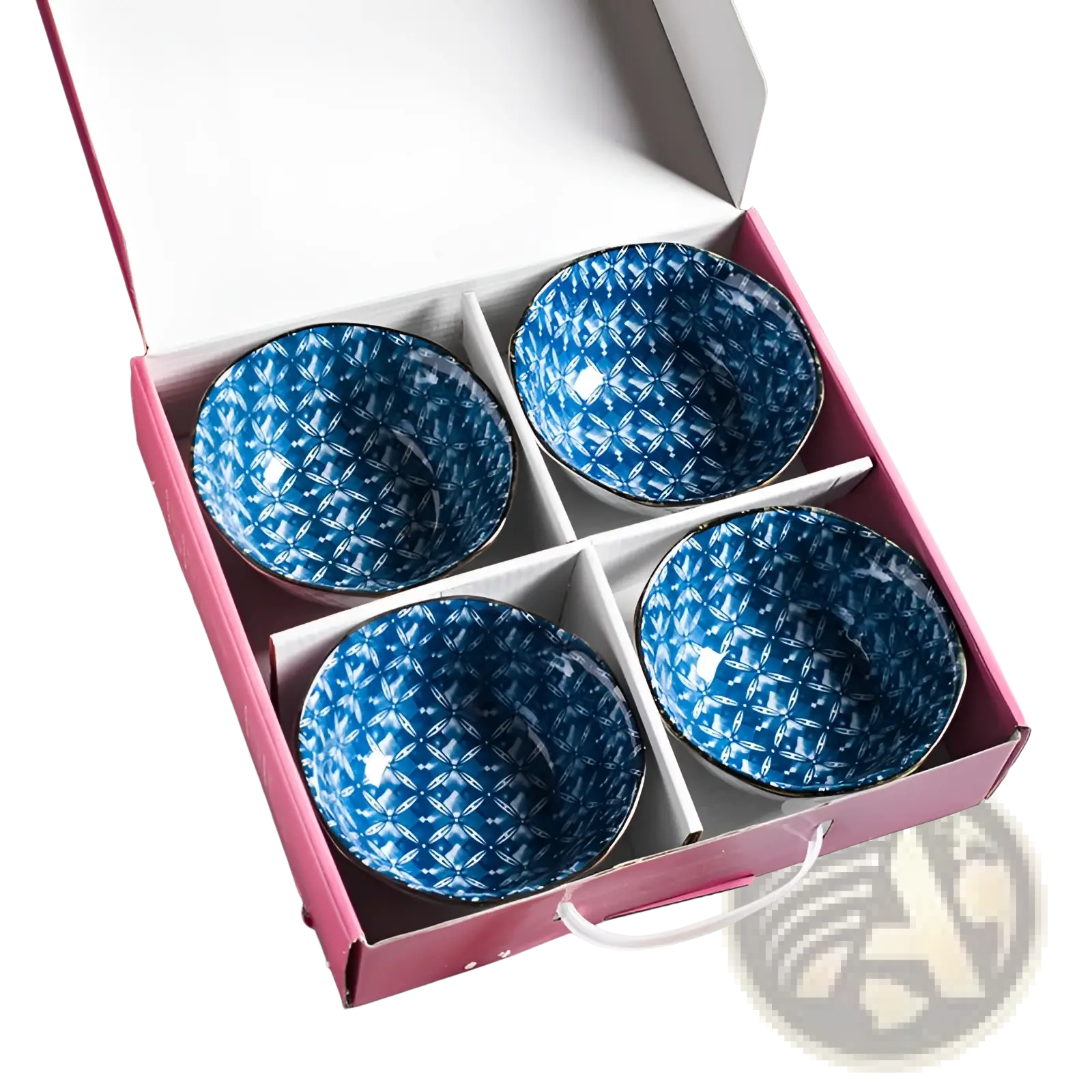 Set of four blue porcelain ceramic bowls with geometric pattern and gold metallic rims in a pink gift box
