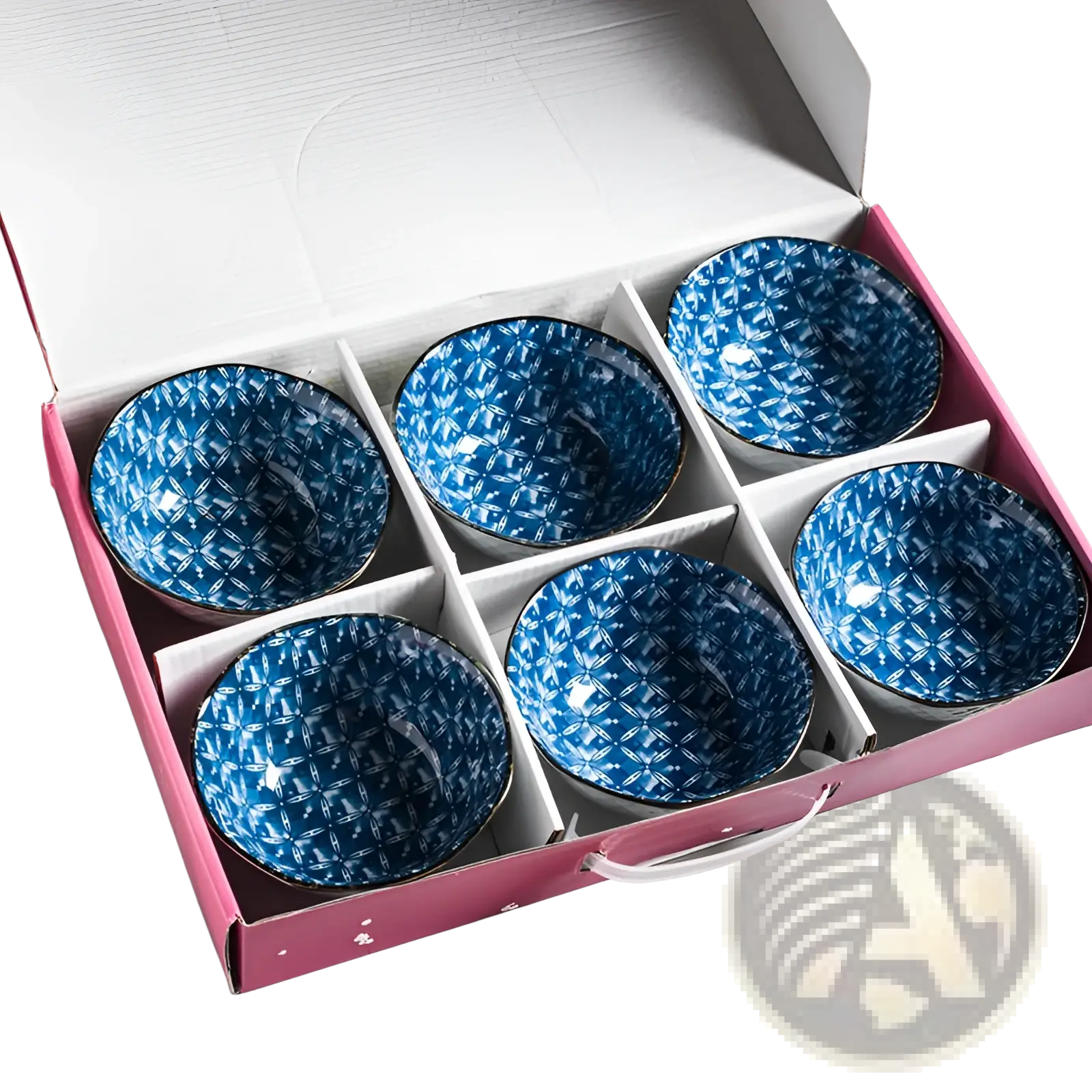 Set of six blue ceramic porcelain bowls with diamond-patterned glaze and gold rims in a pink gift box