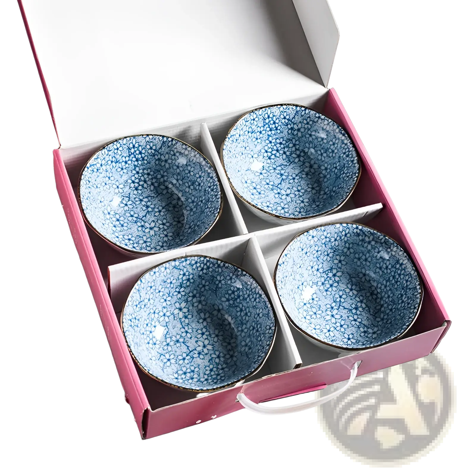 Set of four blue ceramic porcelain bowls with white floral patterns and gold rims in a pink gift box