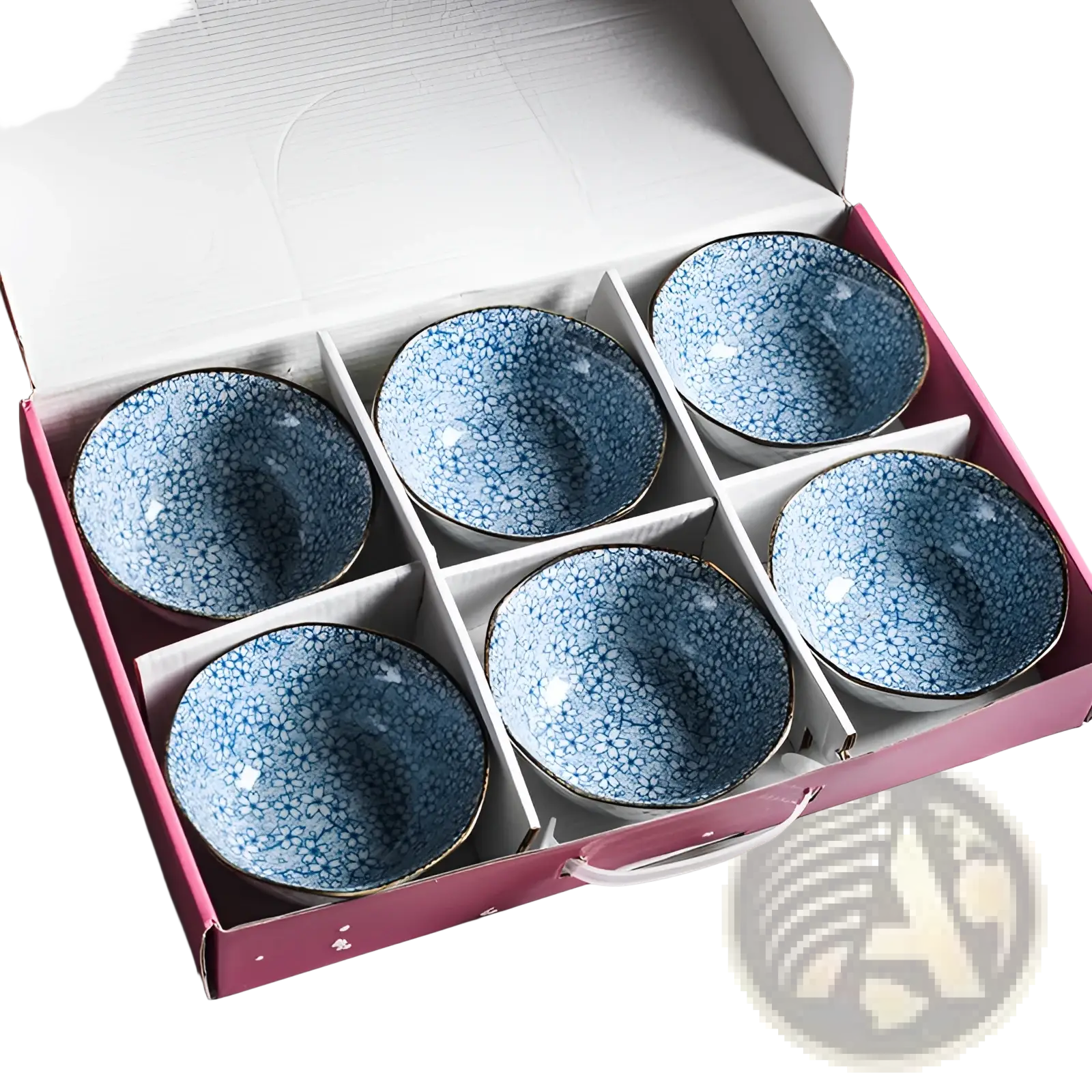 Set of six blue ceramic porcelain bowls with white floral patterns and gold rims in a pink gift box