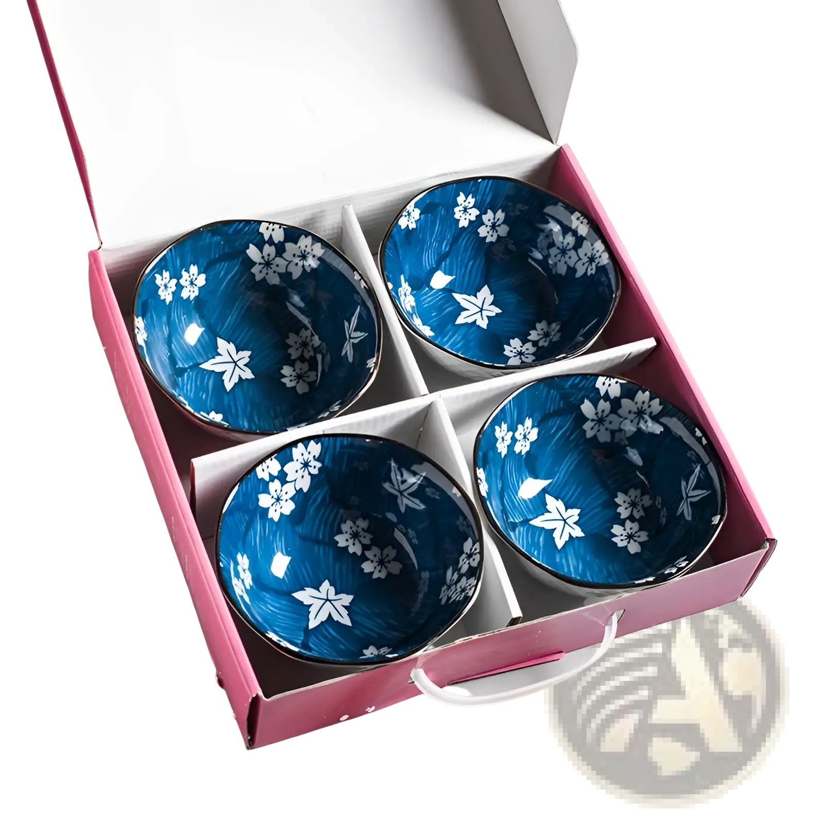 Set of four blue ceramic bowls with white floral patterns and gold rims in a pink gift box porcelain 5 inch