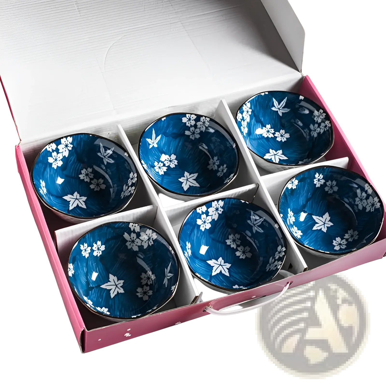 Set of six blue ceramic porcelain bowls with white floral gold rim patterns neatly arranged in a pink gift box
