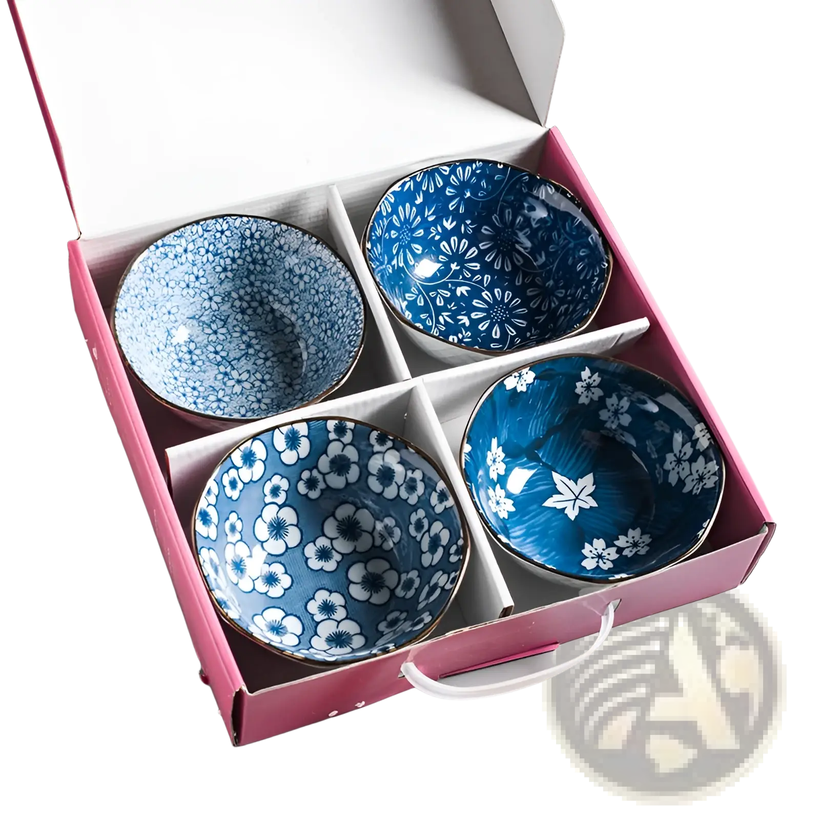 Set of four blue and white ceramic porcelain bowls with floral patterns and gold rims 5 inch diameter