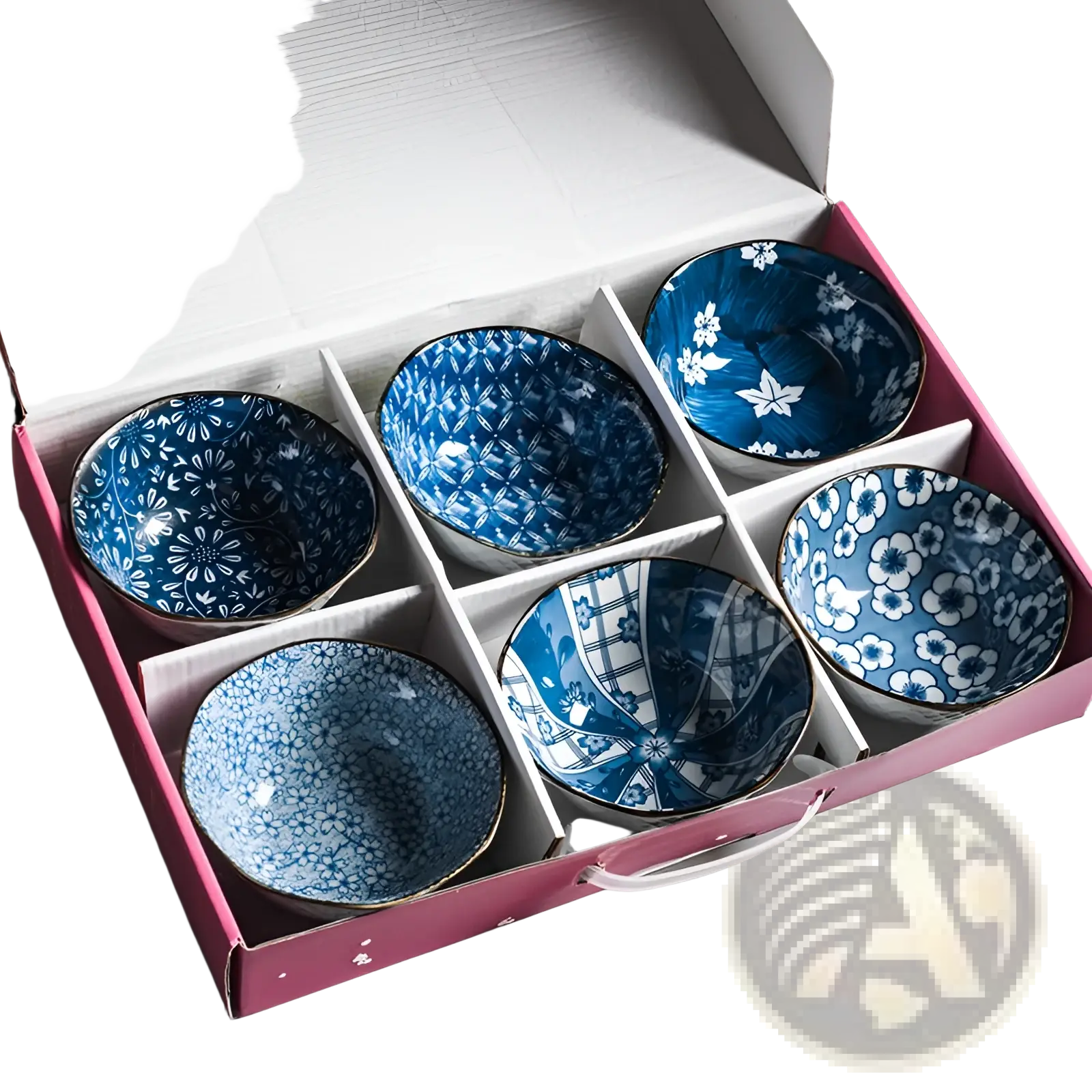 Set of six blue and white porcelain ceramic bowls with floral gold rim patterns in a pink gift box