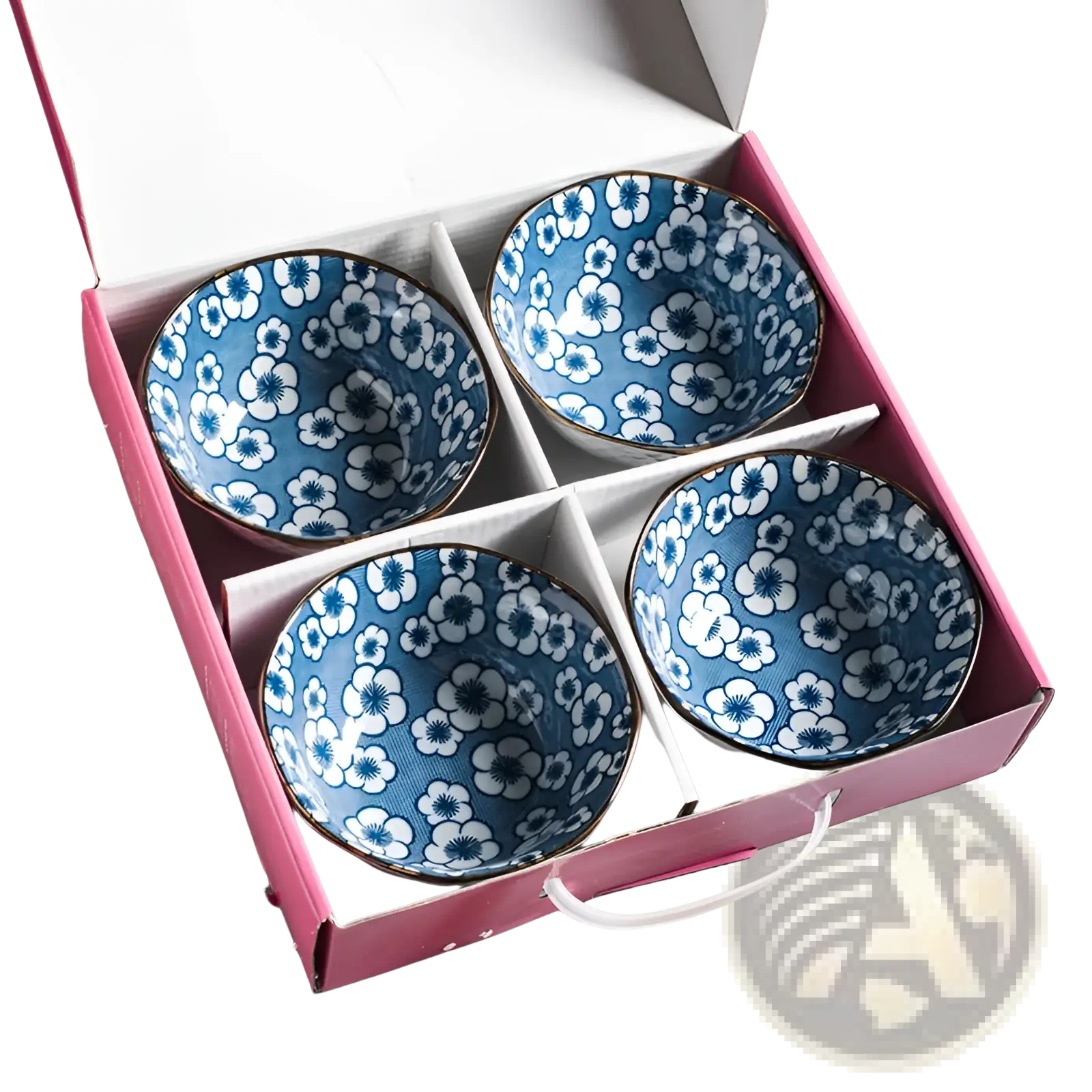 Set of four blue and white floral ceramic bowls with gold rims in a pink gift box porcelain 5 inch bowl set