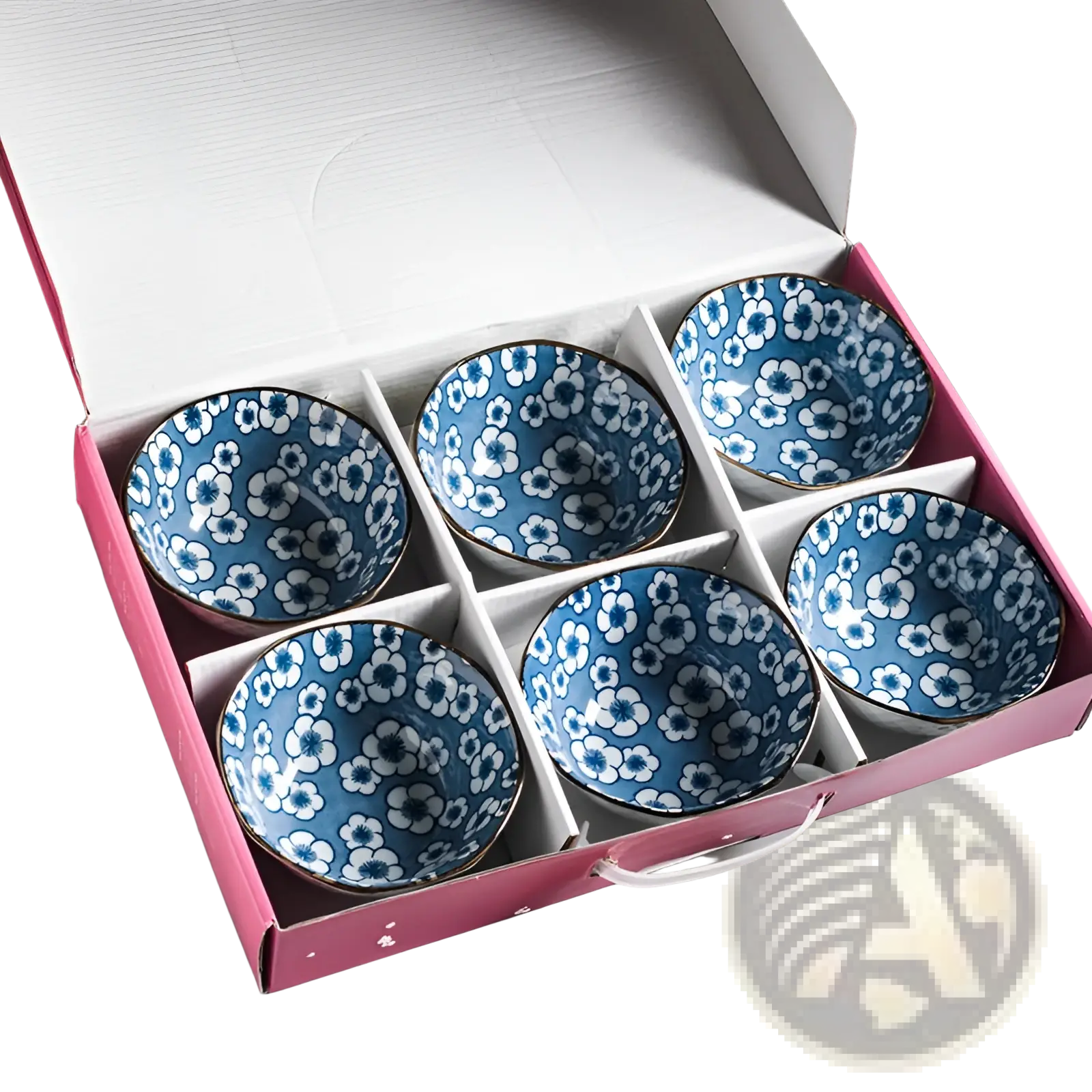 Set of six blue and white floral porcelain ceramic bowls with gold rims neatly arranged in a pink gift box
