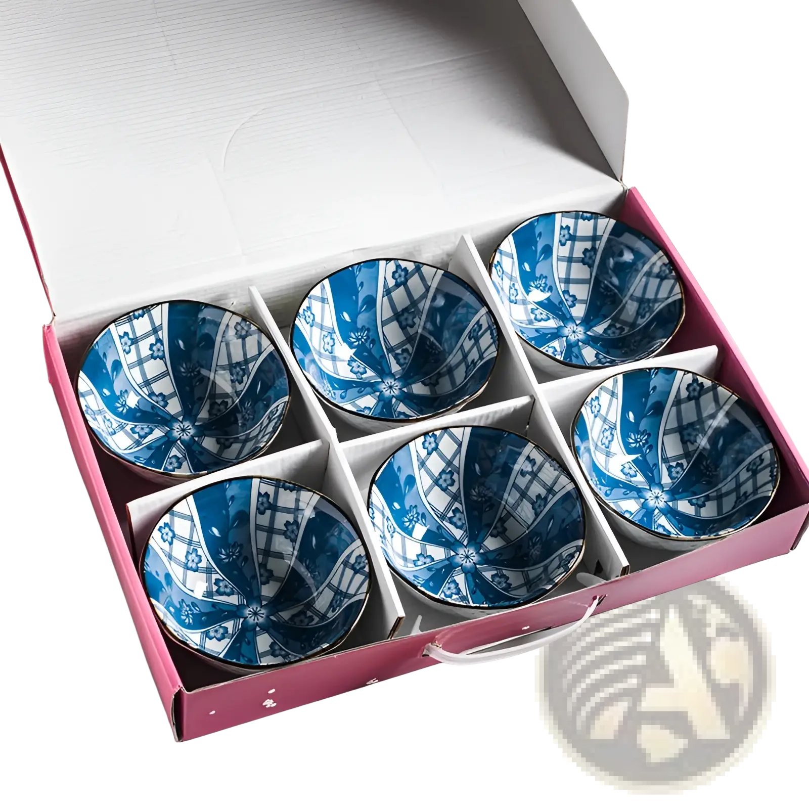 Set of six blue and white ceramic bowls with intricate floral patterns and gold rims in a pink gift box