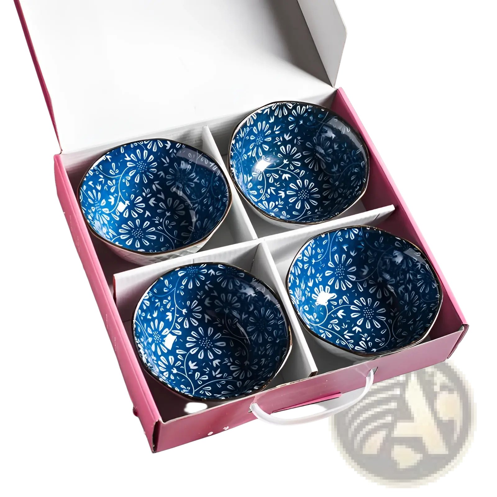 Set of four blue porcelain ceramic bowls with white floral patterns and gold rims in a pink gift box