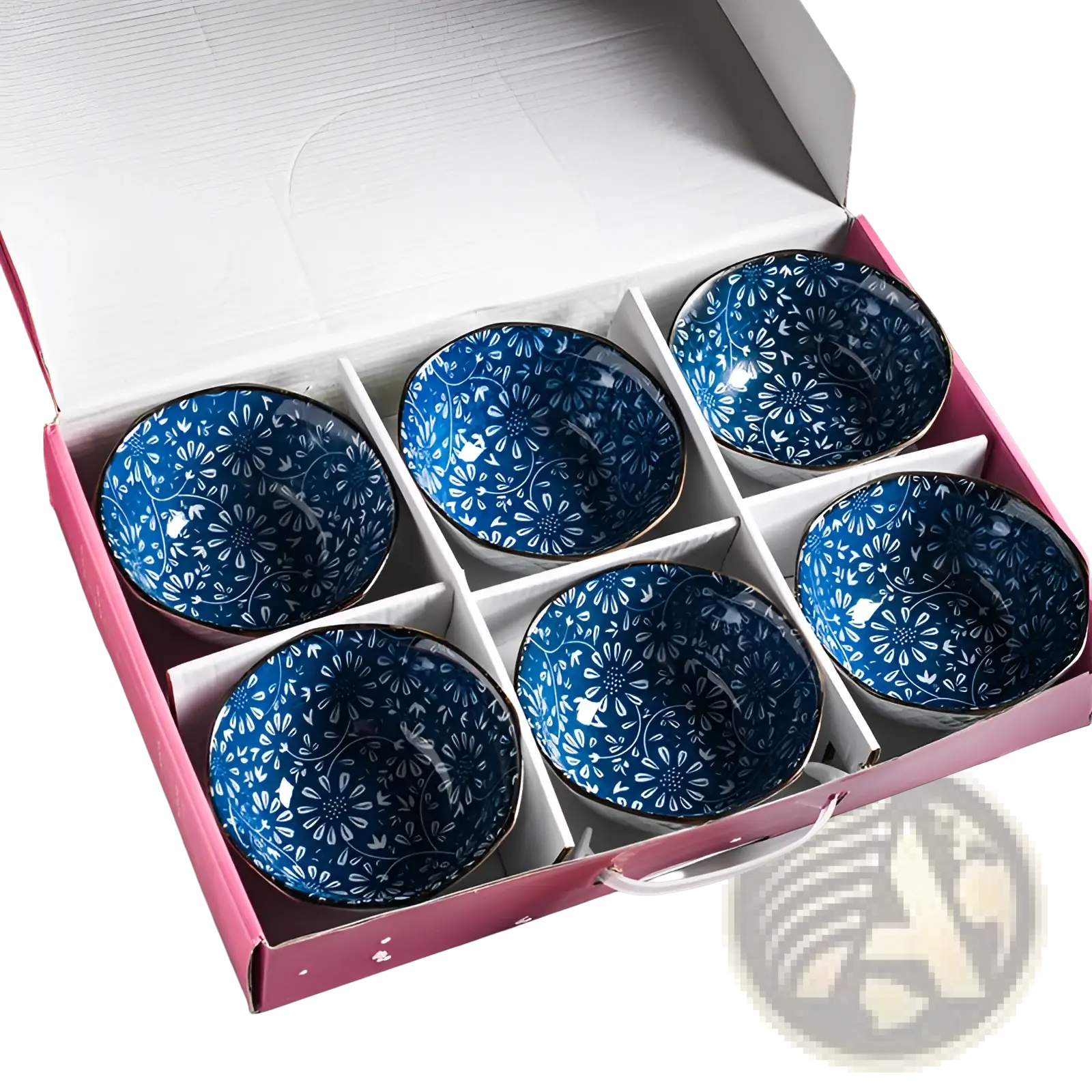 Six blue ceramic bowls with white floral patterns and gold rims arranged in a pink gift box porcelain set