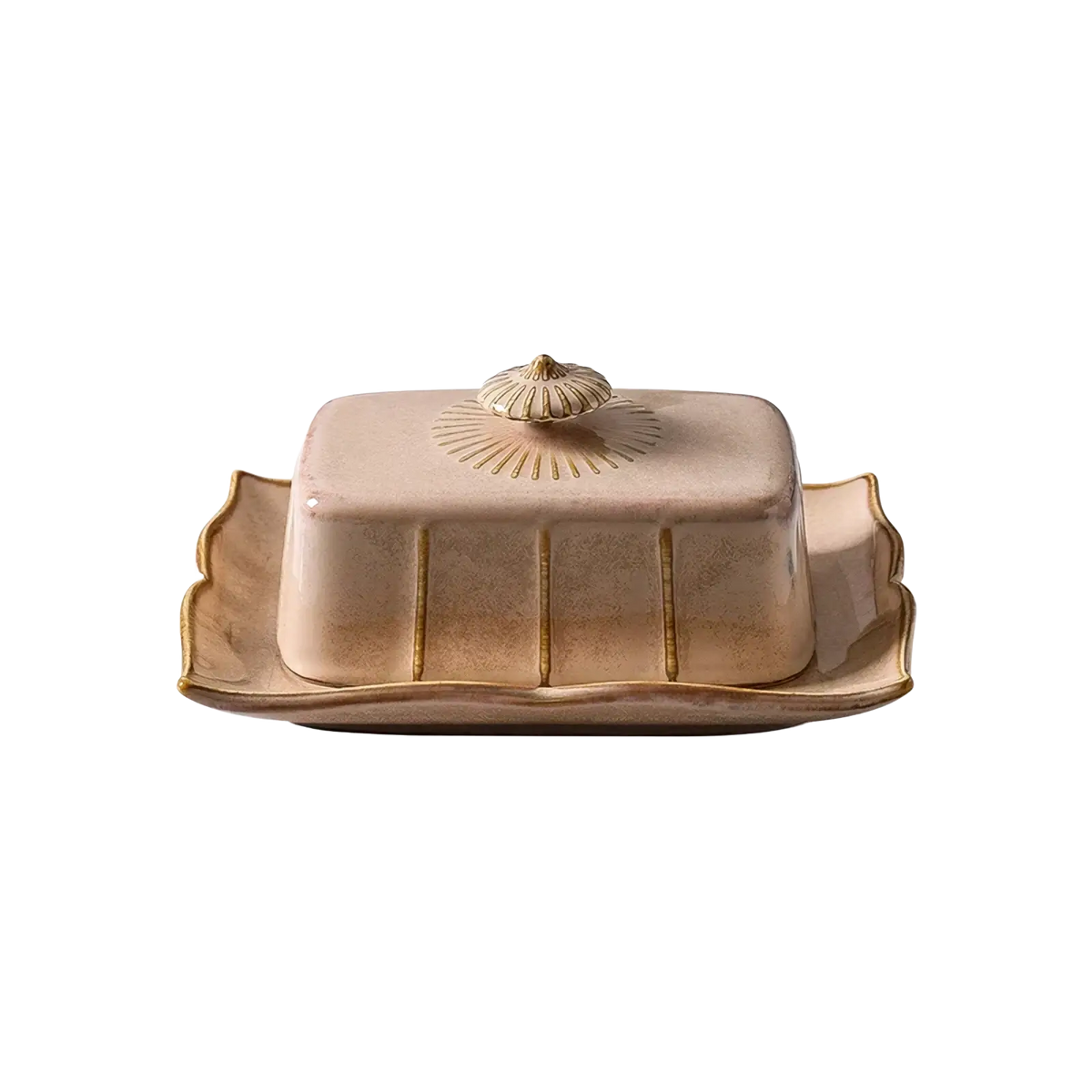 A beige ceramic butter dish with gold trim and scalloped lid featuring a shell-shaped finial on a matching tray