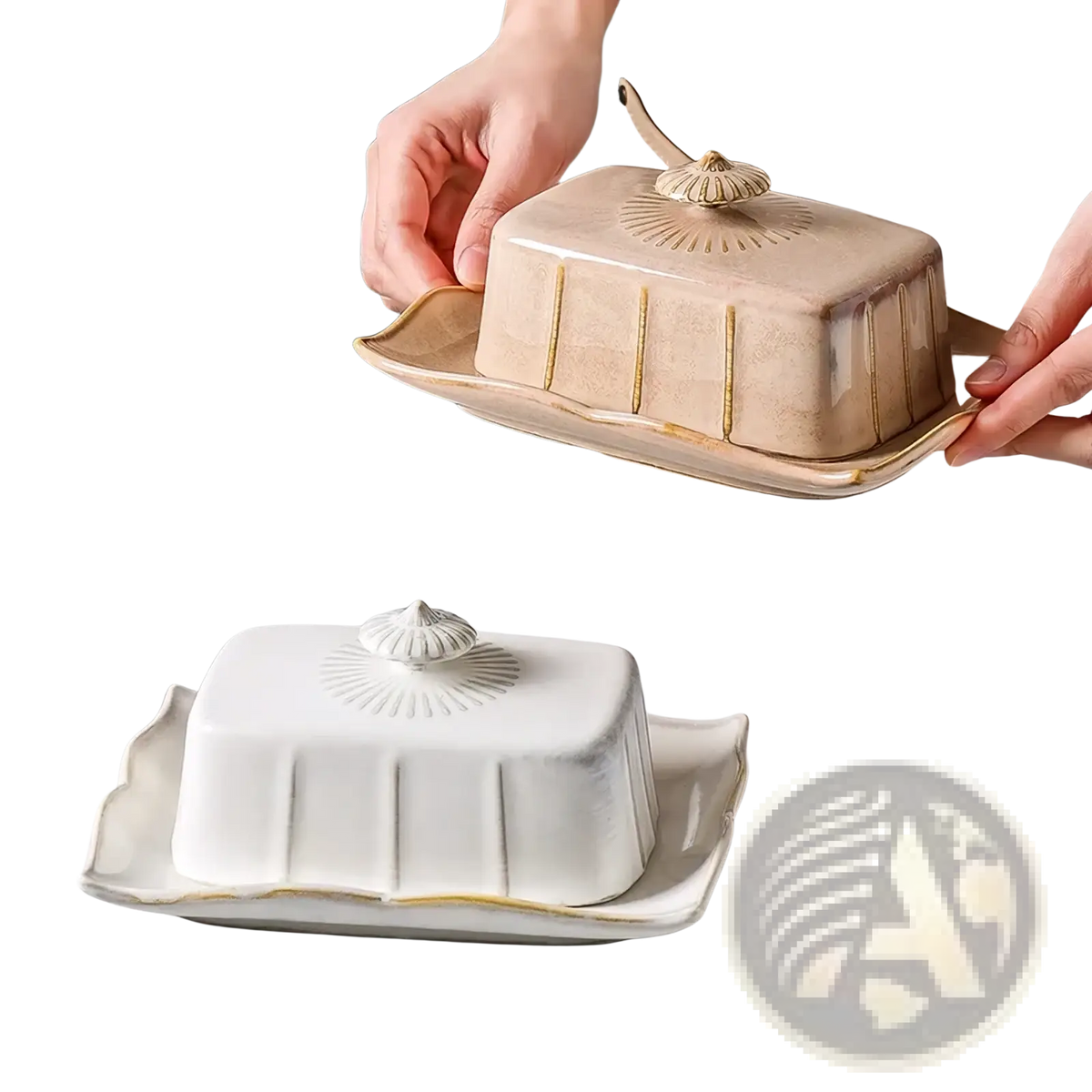 Beige ceramic butter dish with gold trim and scalloped edges featuring a decorative shell-shaped knob on the lid