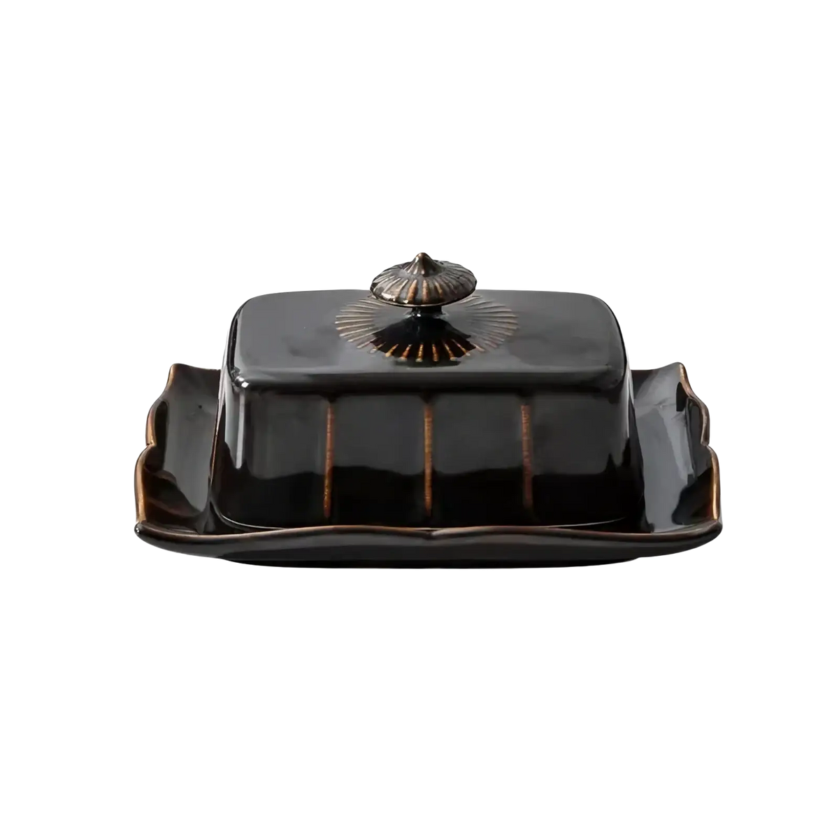 Black ceramic butter dish with glossy finish and gold-toned decorative lid for elegant kitchen use