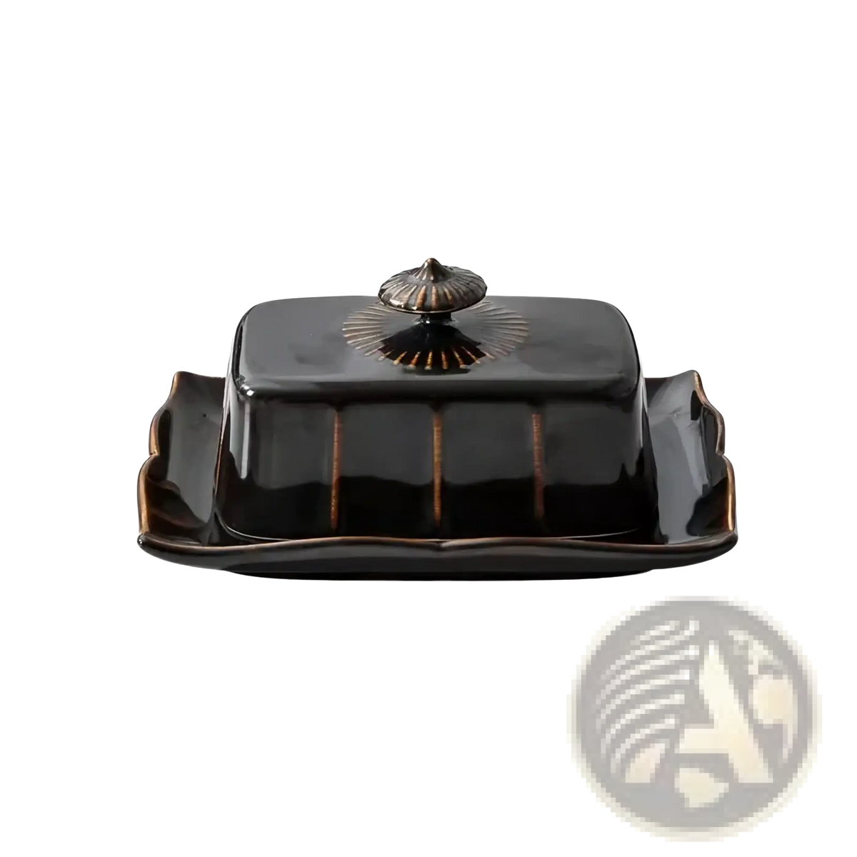 Black ceramic butter dish with glossy finish and gold-toned decorative lid for elegant kitchen use