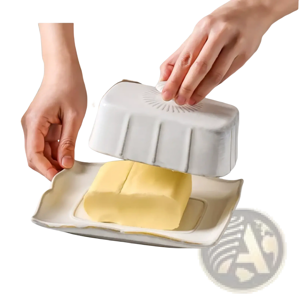 White ceramic butter dish with gold trim and lid featuring sunburst detailing and vertical ridges