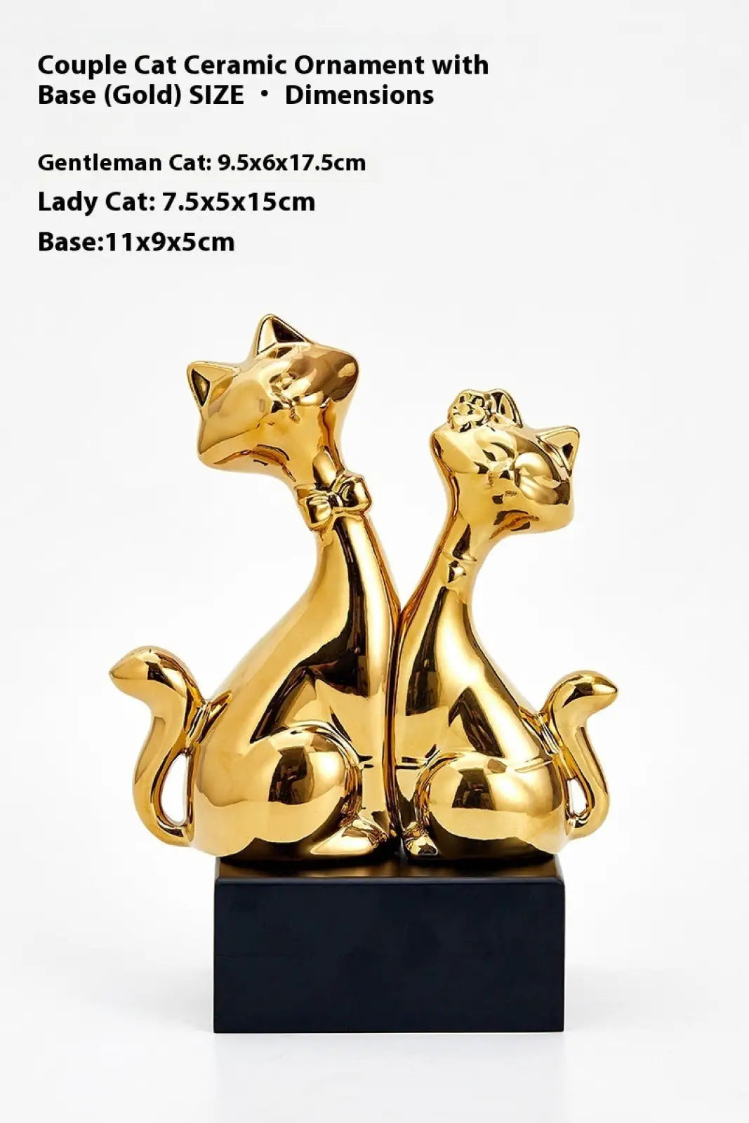 Golden ceramic couple cat figurines with glossy finish and elegant poses on black base for modern home decor