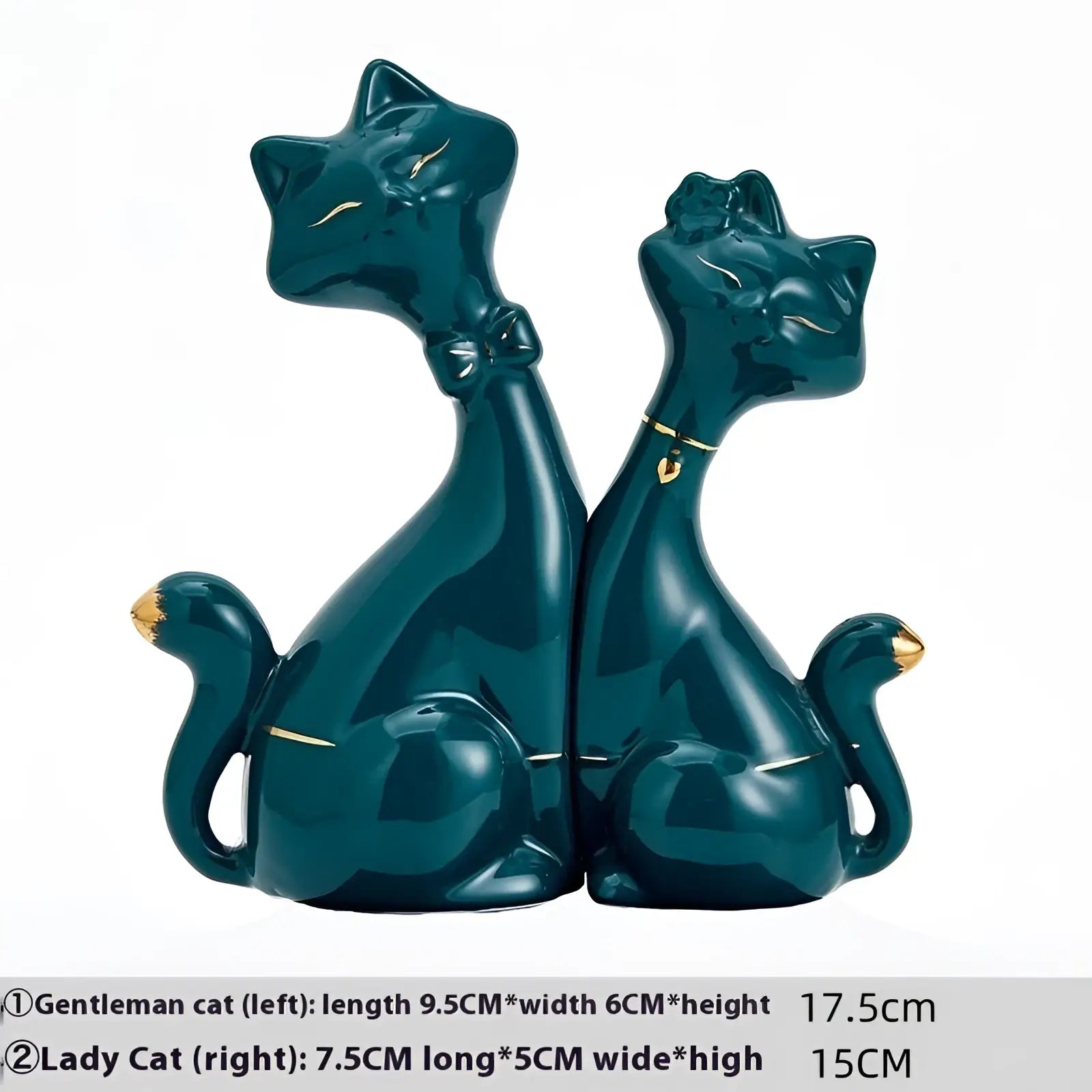 Teal ceramic cat figurines with gold accents and bow ties for modern gold and white home decor