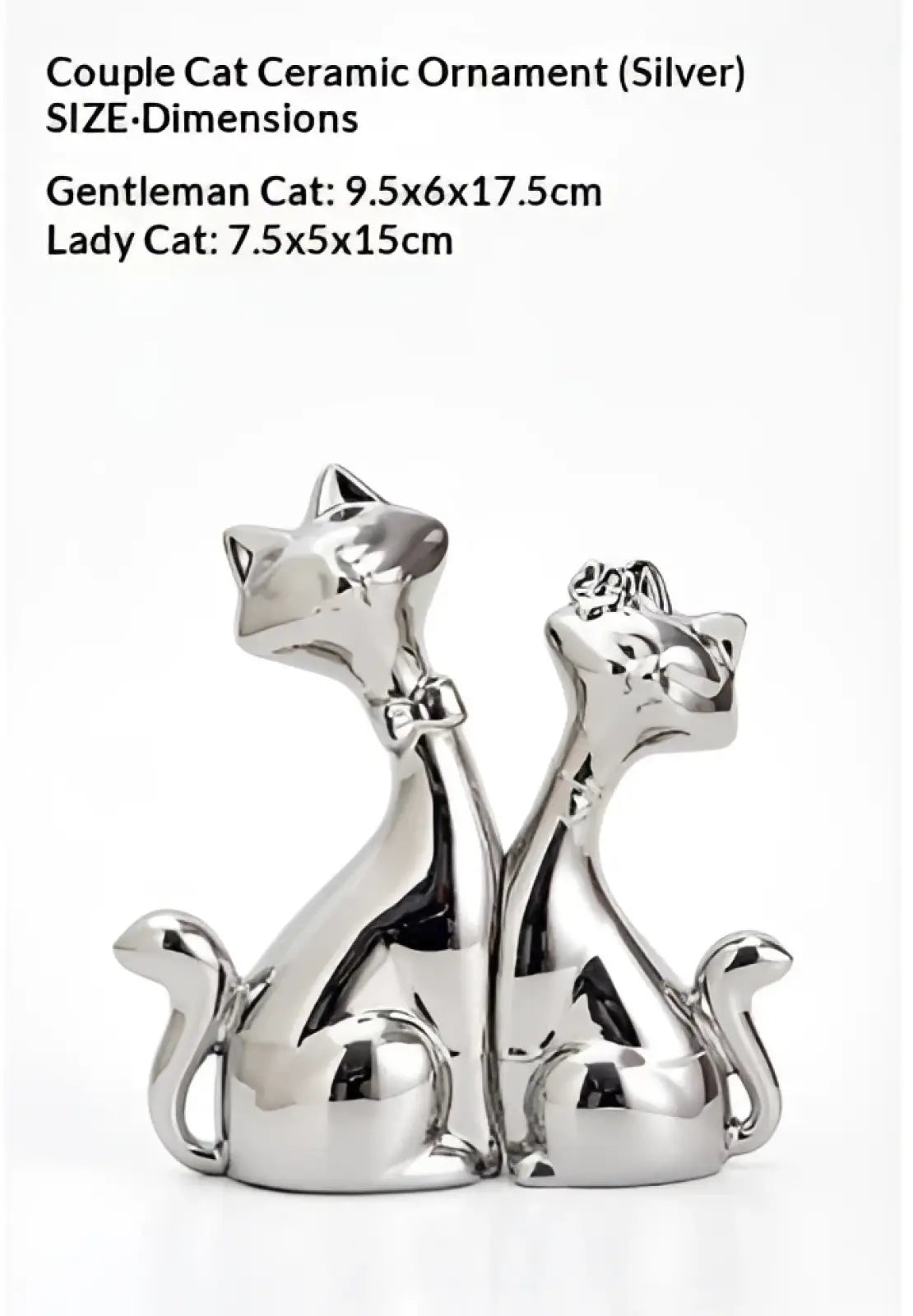 Silver ceramic couple cat figurine with polished metallic finish for modern gold and white home decor