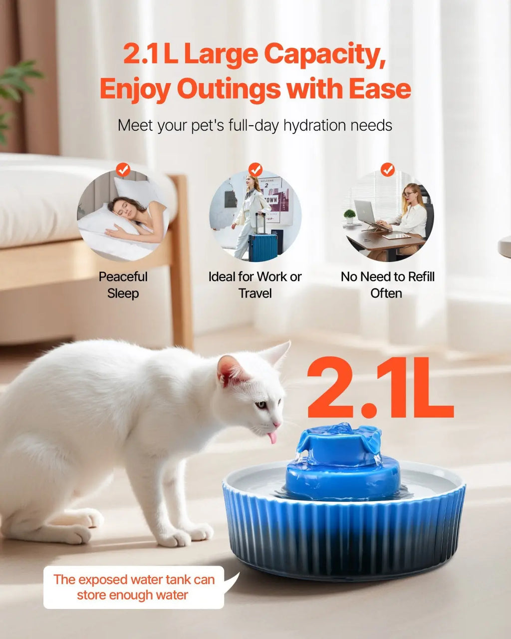 Ceramic cat water fountain in blue with a 2.1l tiered design for continuous pet hydration