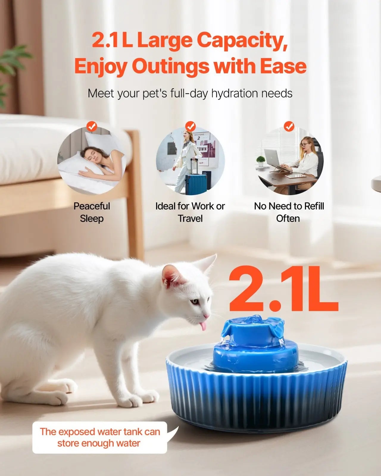 Ceramic cat water fountain in blue with a 2.1l tiered design for continuous pet hydration